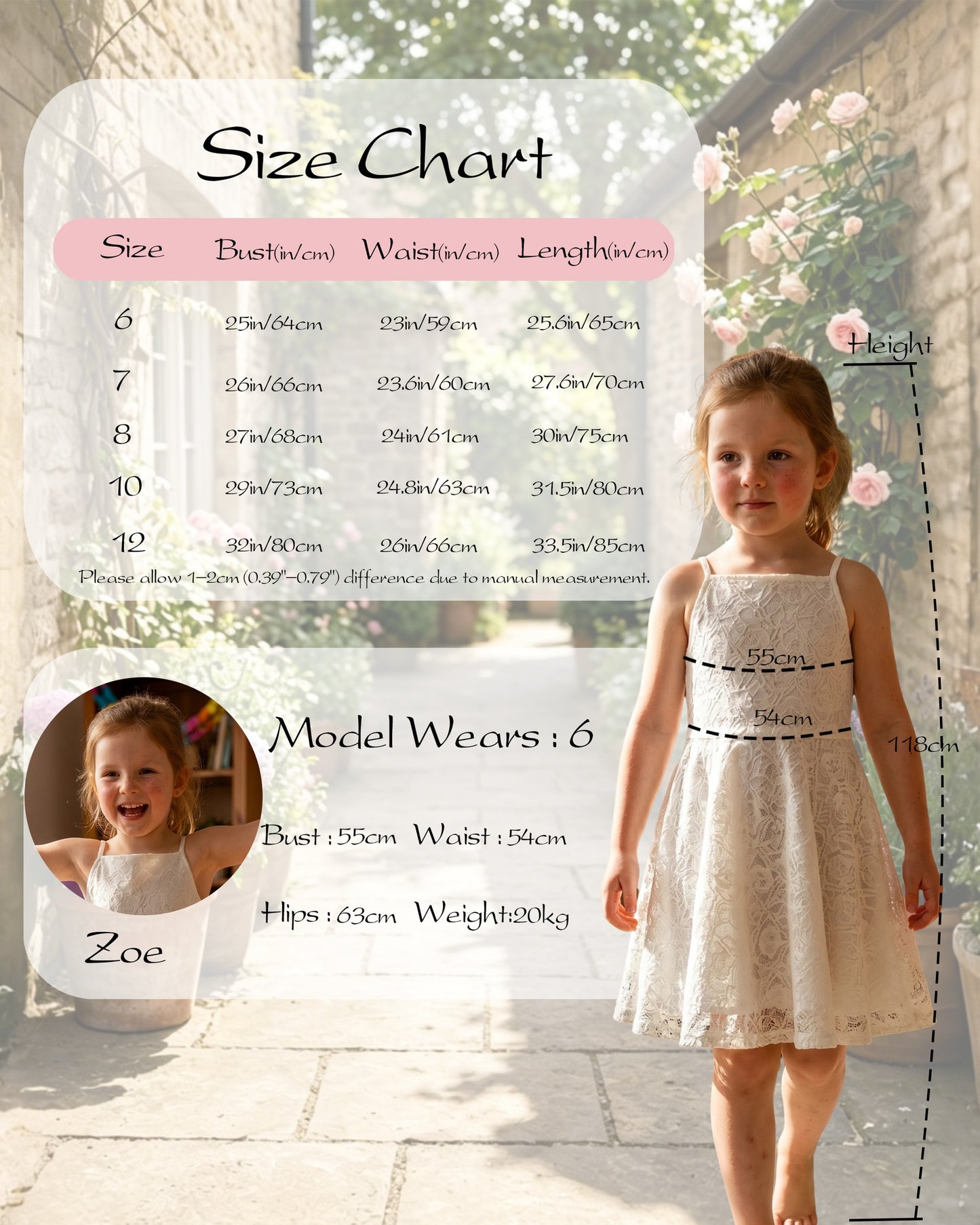 Girls Dress Lace Overlay Spaghetti Strap Flared Back Bow Party Recital White Floral Lace