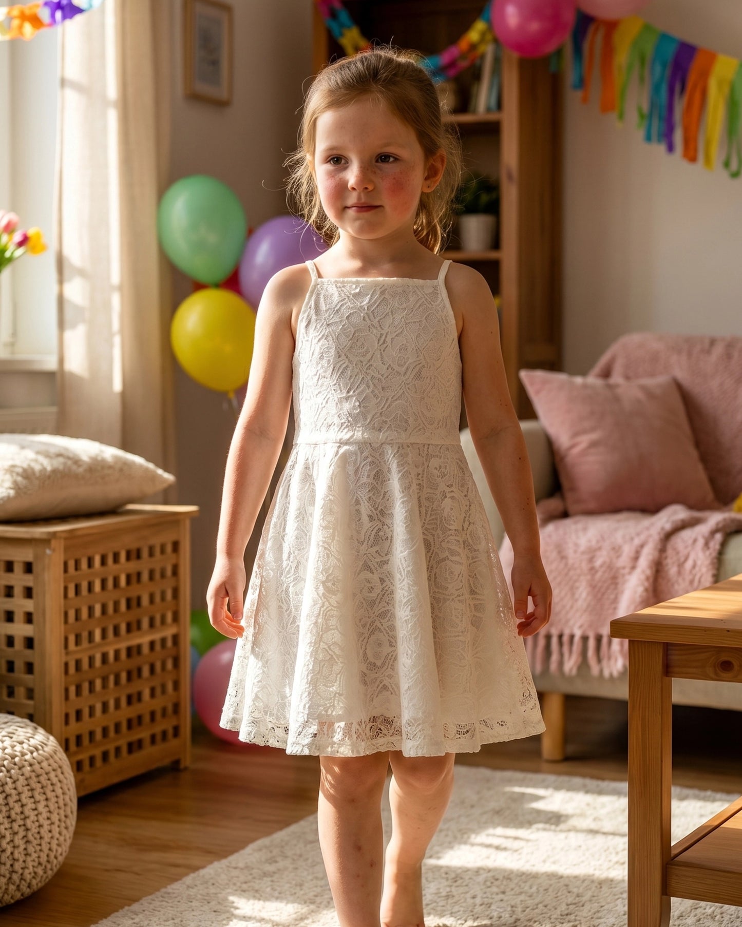Girls Dress Lace Overlay Spaghetti Strap Flared Back Bow Party Recital White Floral Lace