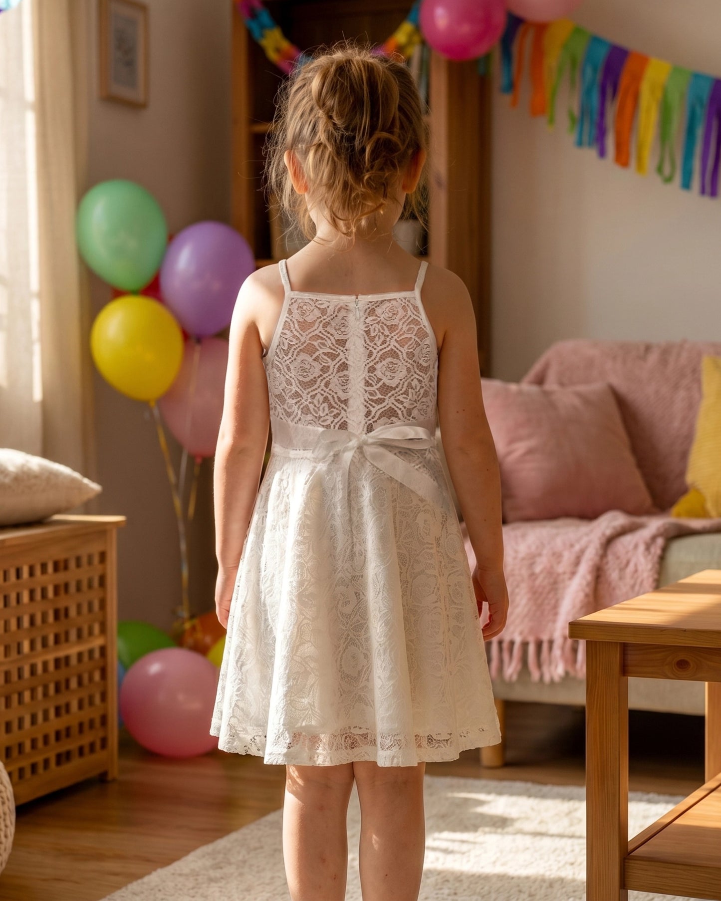Girls Dress Lace Overlay Spaghetti Strap Flared Back Bow Party Recital White Floral Lace