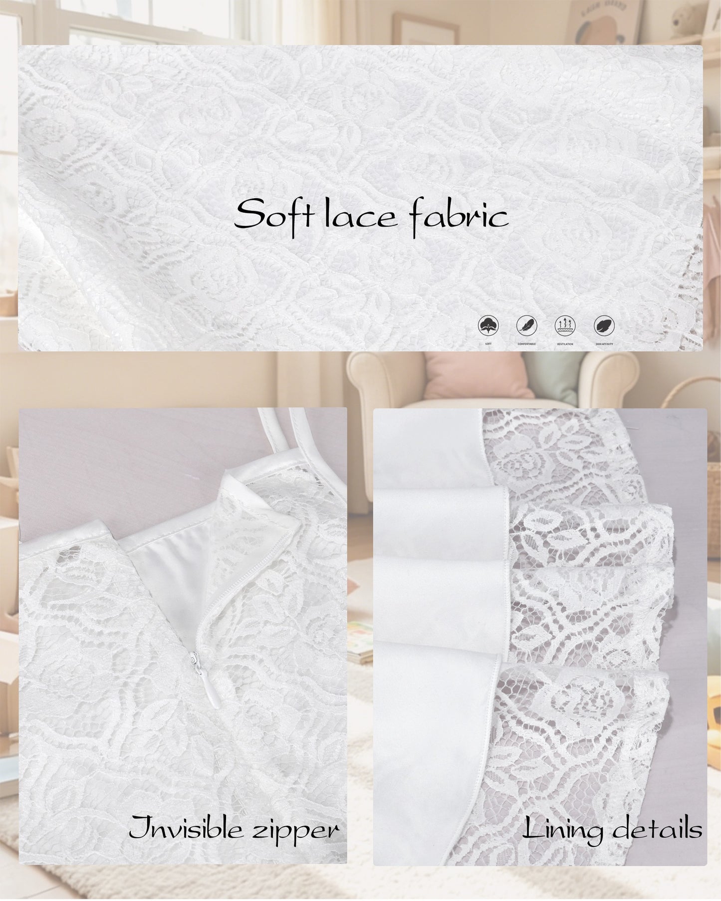 Girls Dress Lace Overlay Spaghetti Strap Flared Back Bow Party Recital White Floral Lace