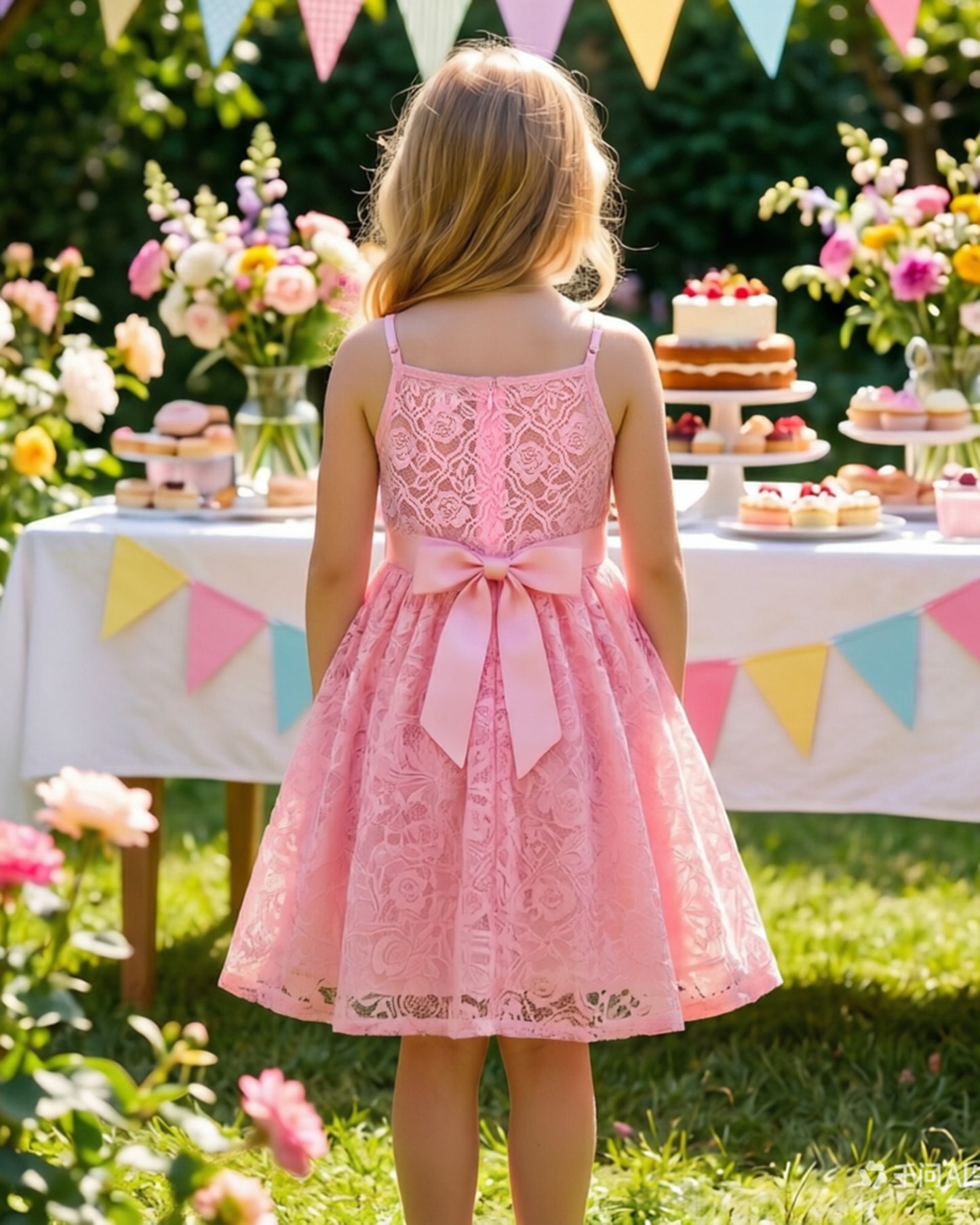 Girls Dress Lace Overlay Spaghetti Strap Flared Back Bow Party Recital Pink Floral Lace