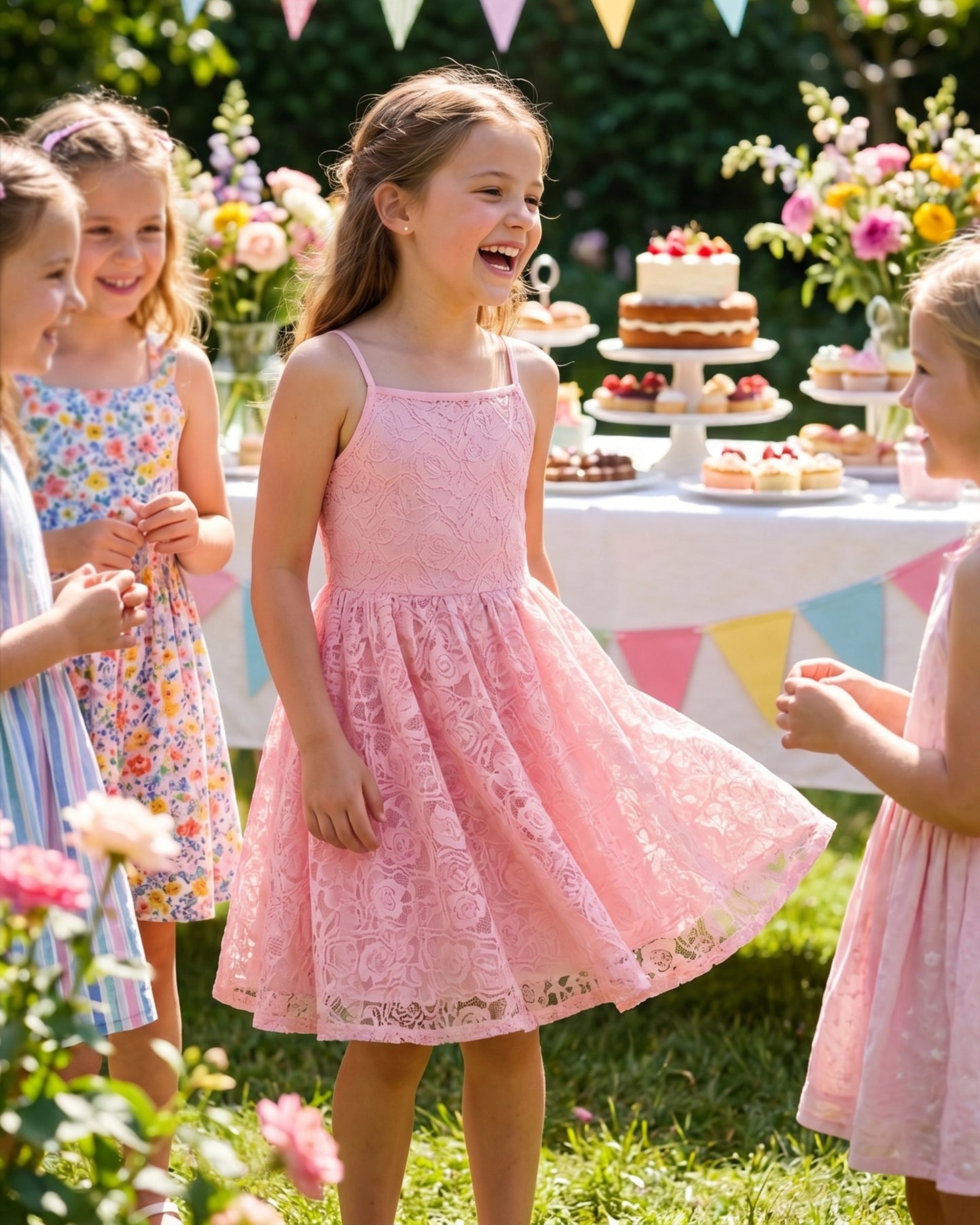 Girls Dress Lace Overlay Spaghetti Strap Flared Back Bow Party Recital Pink Floral Lace