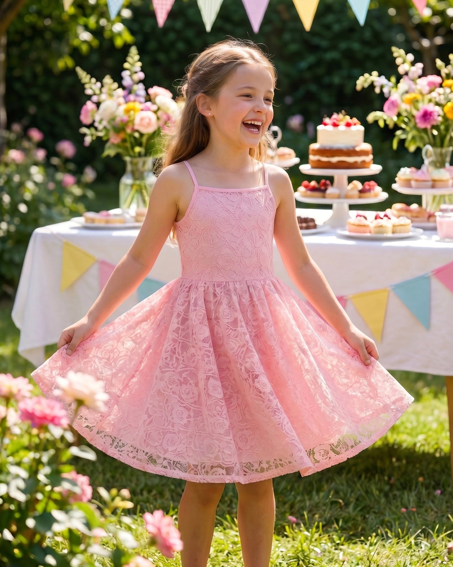 Girls Dress Lace Overlay Spaghetti Strap Flared Back Bow Party Recital Pink Floral Lace