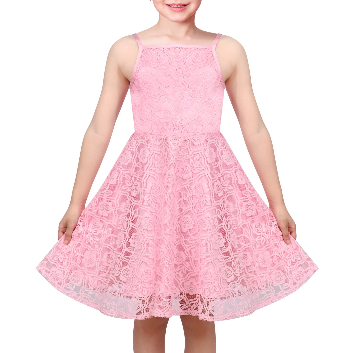 Girls Dress Lace Overlay Spaghetti Strap Flared Back Bow Party Recital Pink Floral Lace