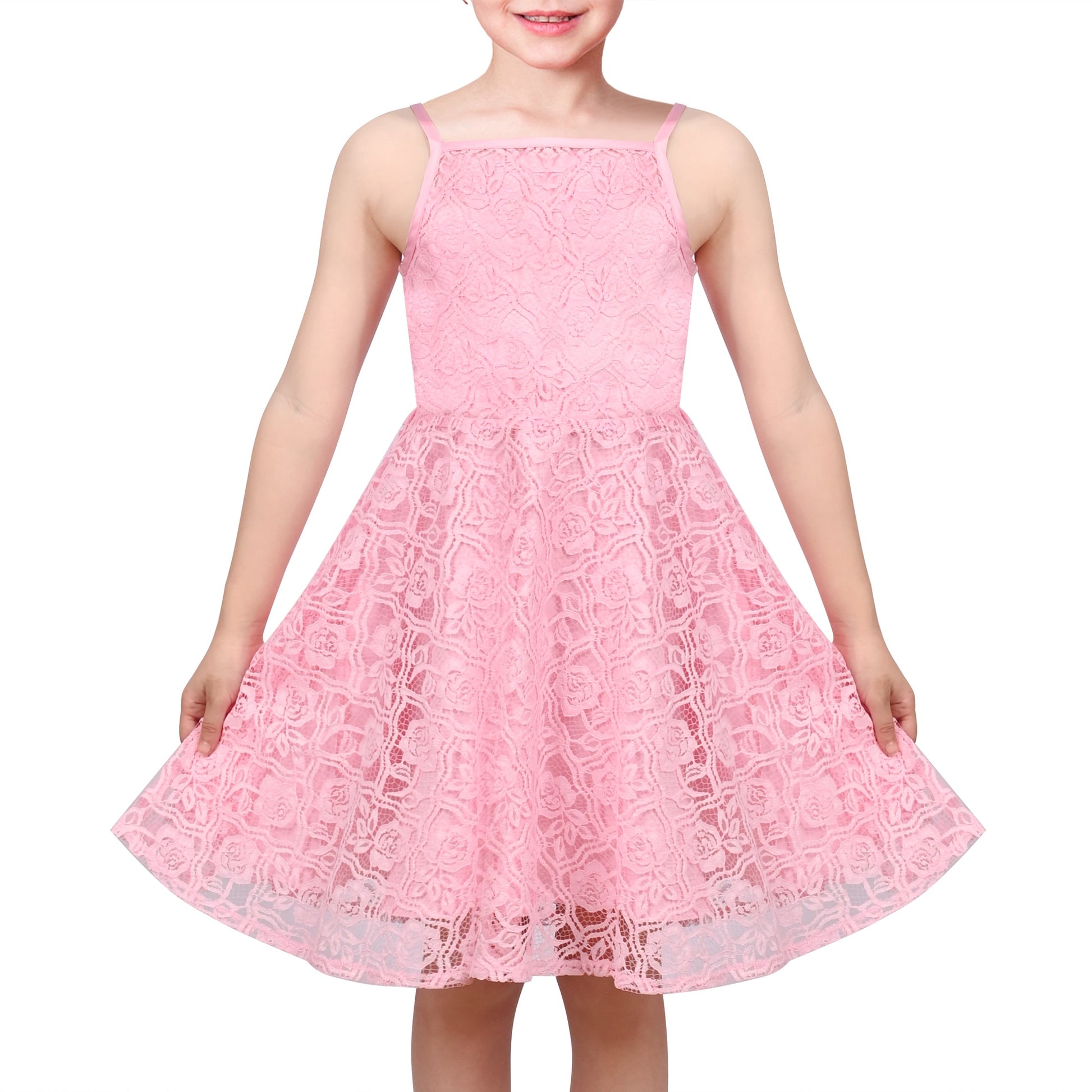 Girls Dress Lace Overlay Spaghetti Strap Flared Back Bow Party Recital Pink Floral Lace