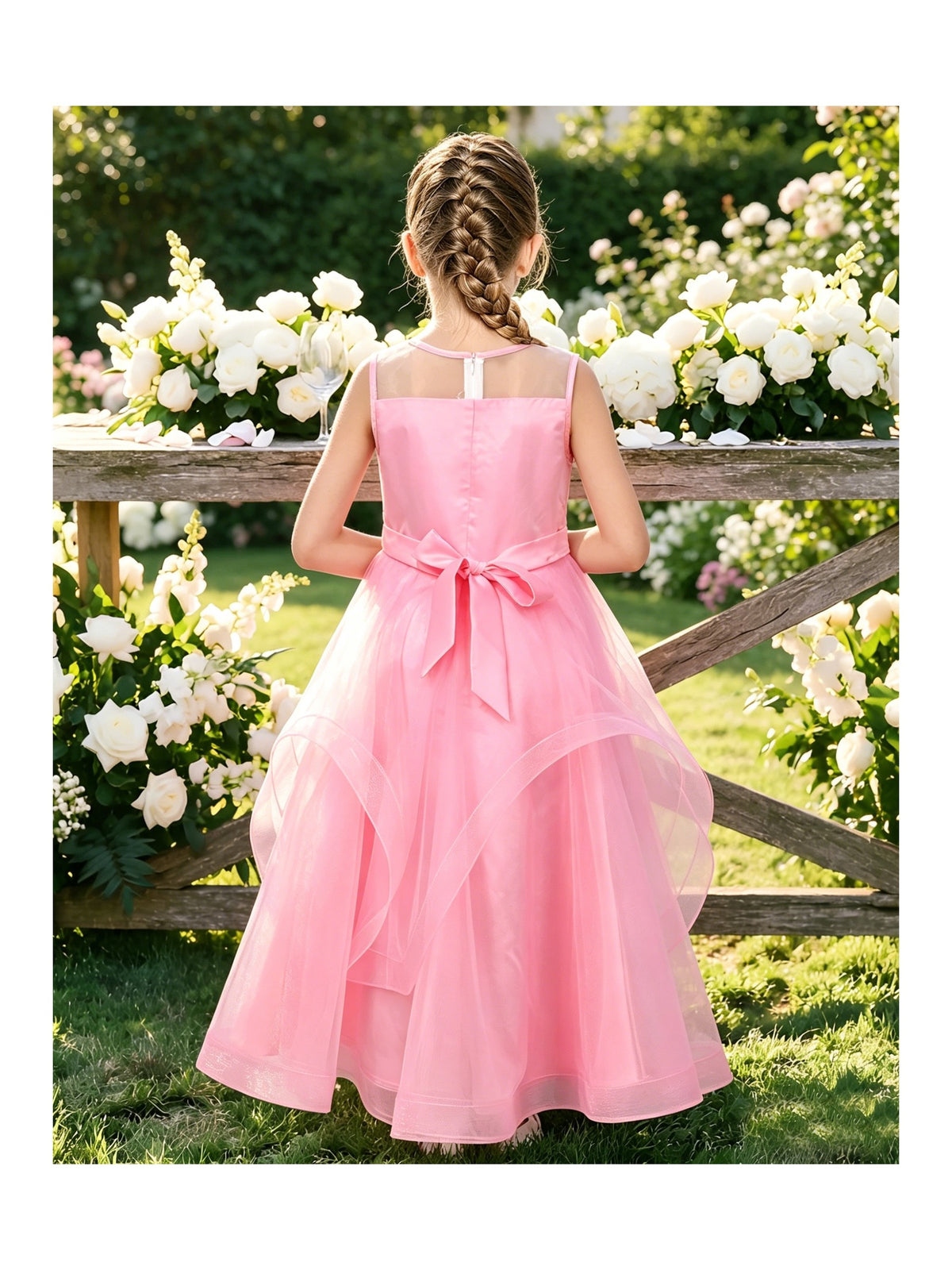 Flower Girls Dress Embroidered Sequin Wedding Pageant Bridesmaid Pink Sequin Mesh
