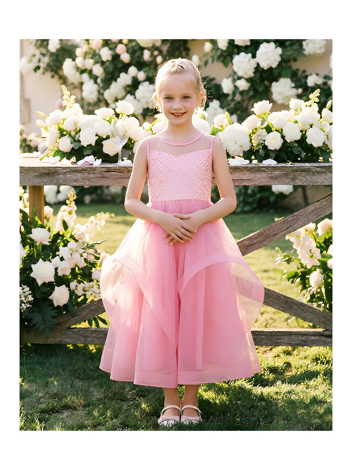 Flower Girls Dress Embroidered Sequin Wedding Pageant Bridesmaid Pink Sequin Mesh