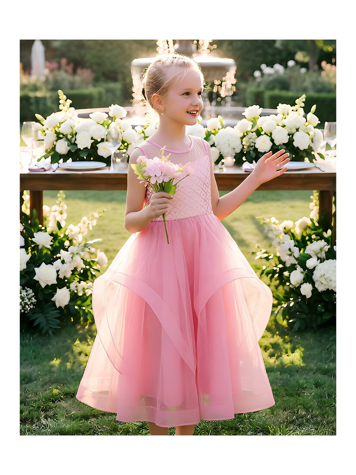 Flower Girls Dress Embroidered Sequin Wedding Pageant Bridesmaid Pink Sequin Mesh