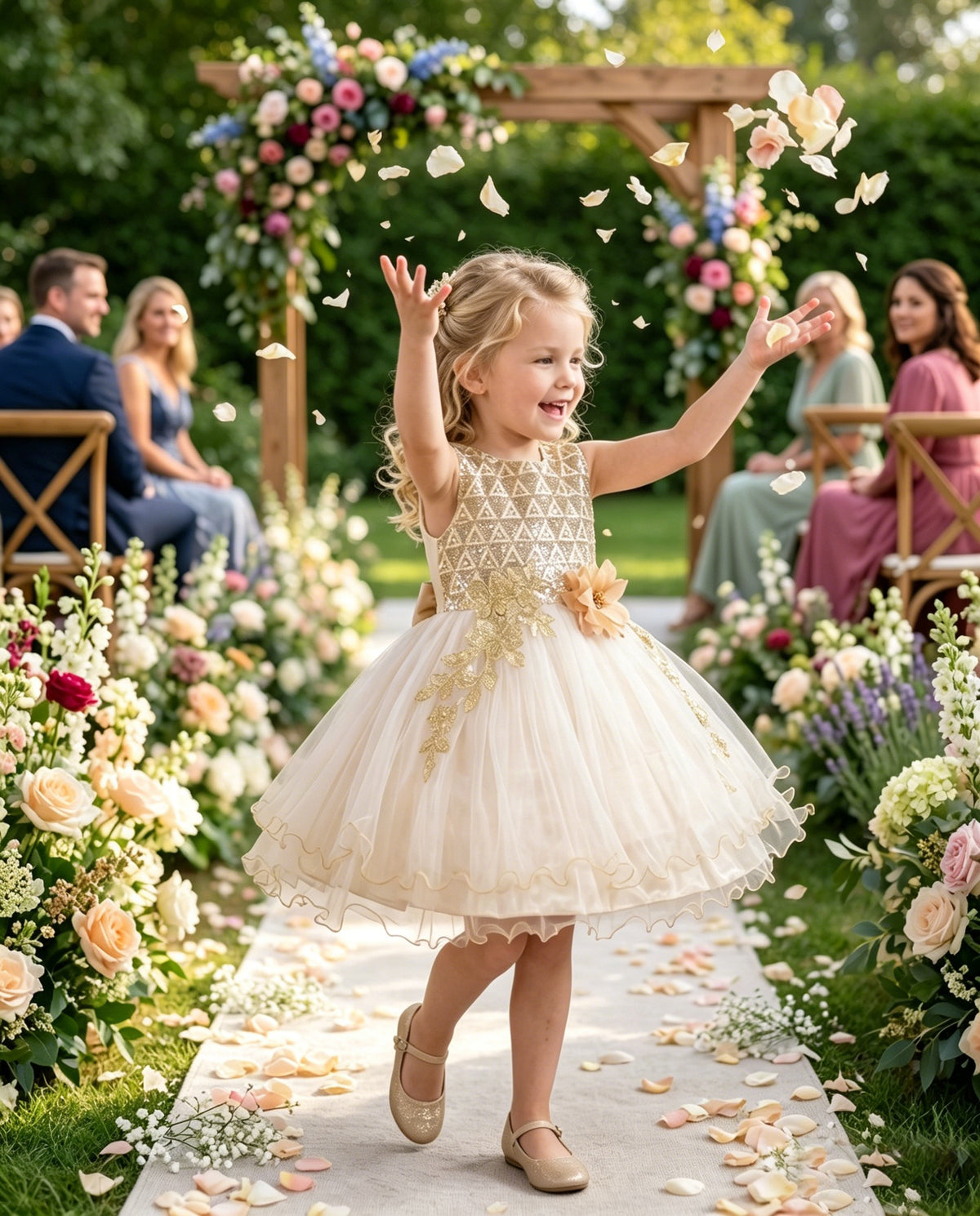 Girls Pink Floral Multilayer Ruffle Tulle Sleeveless Sequin Princess Beige Sequin