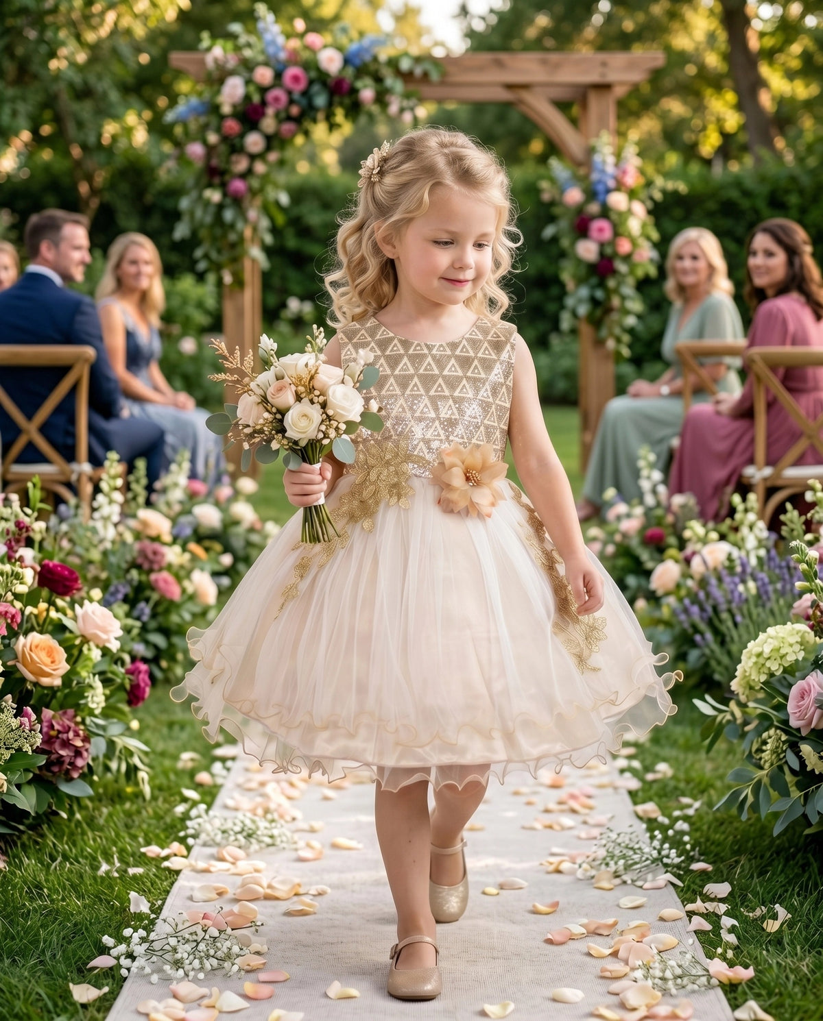Girls Pink Floral Multilayer Ruffle Tulle Sleeveless Sequin Princess Beige Sequin