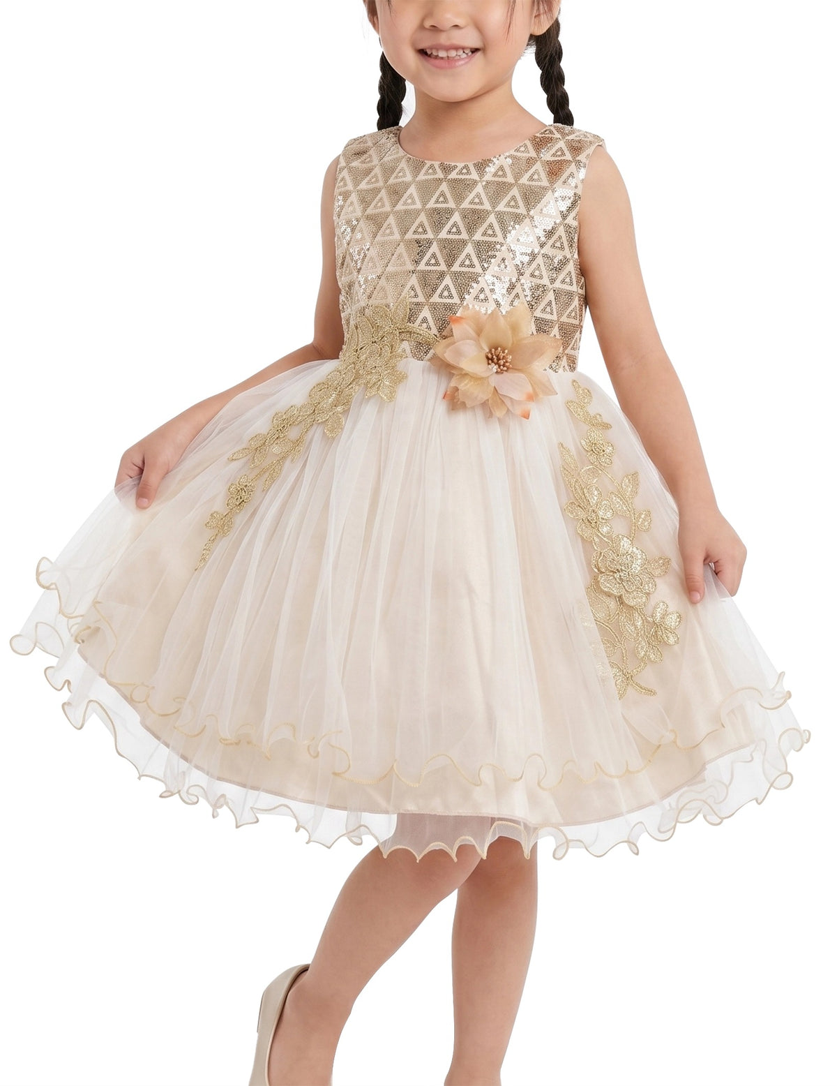 Girls Pink Floral Multilayer Ruffle Tulle Sleeveless Sequin Princess Beige Sequin