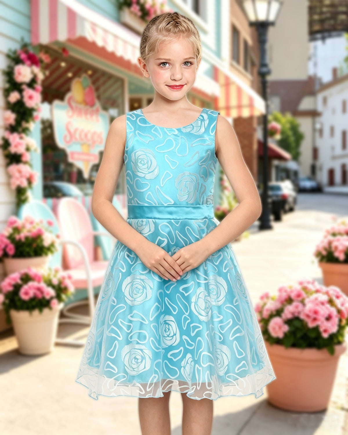 3 Layers Girls Dress Pink Flower Wave Pageant Wedding Kids Clothing - Blue Floral