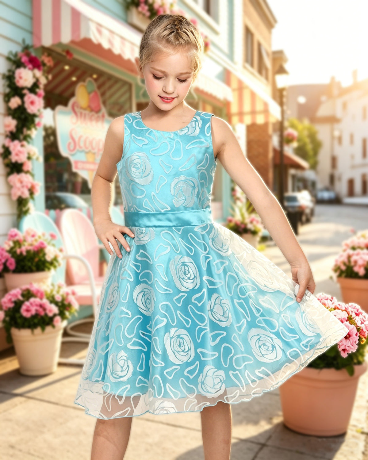 3 Layers Girls Dress Pink Flower Wave Pageant Wedding Kids Clothing - Blue Floral