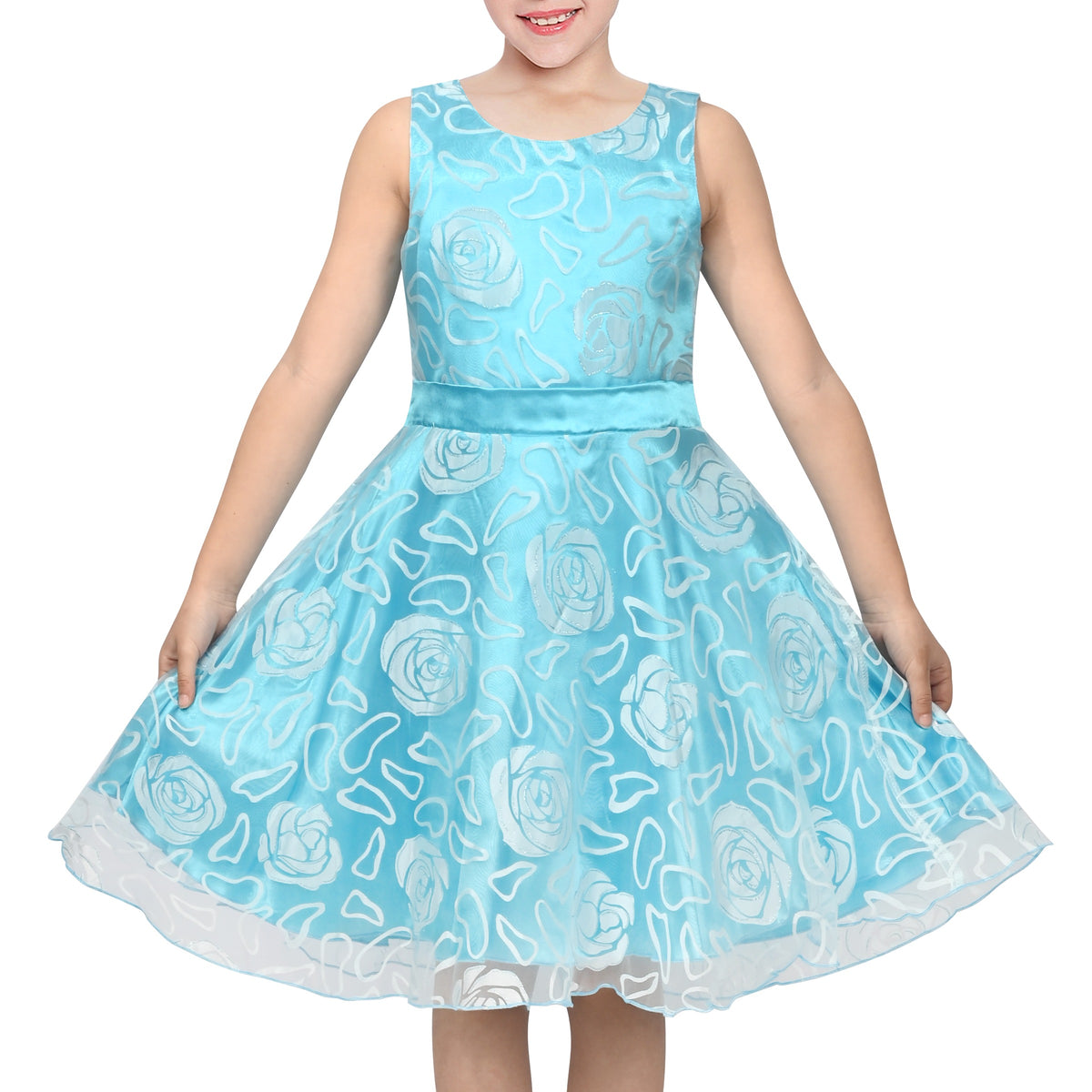 3 Layers Girls Dress Pink Flower Wave Pageant Wedding Kids Clothing - Blue Floral