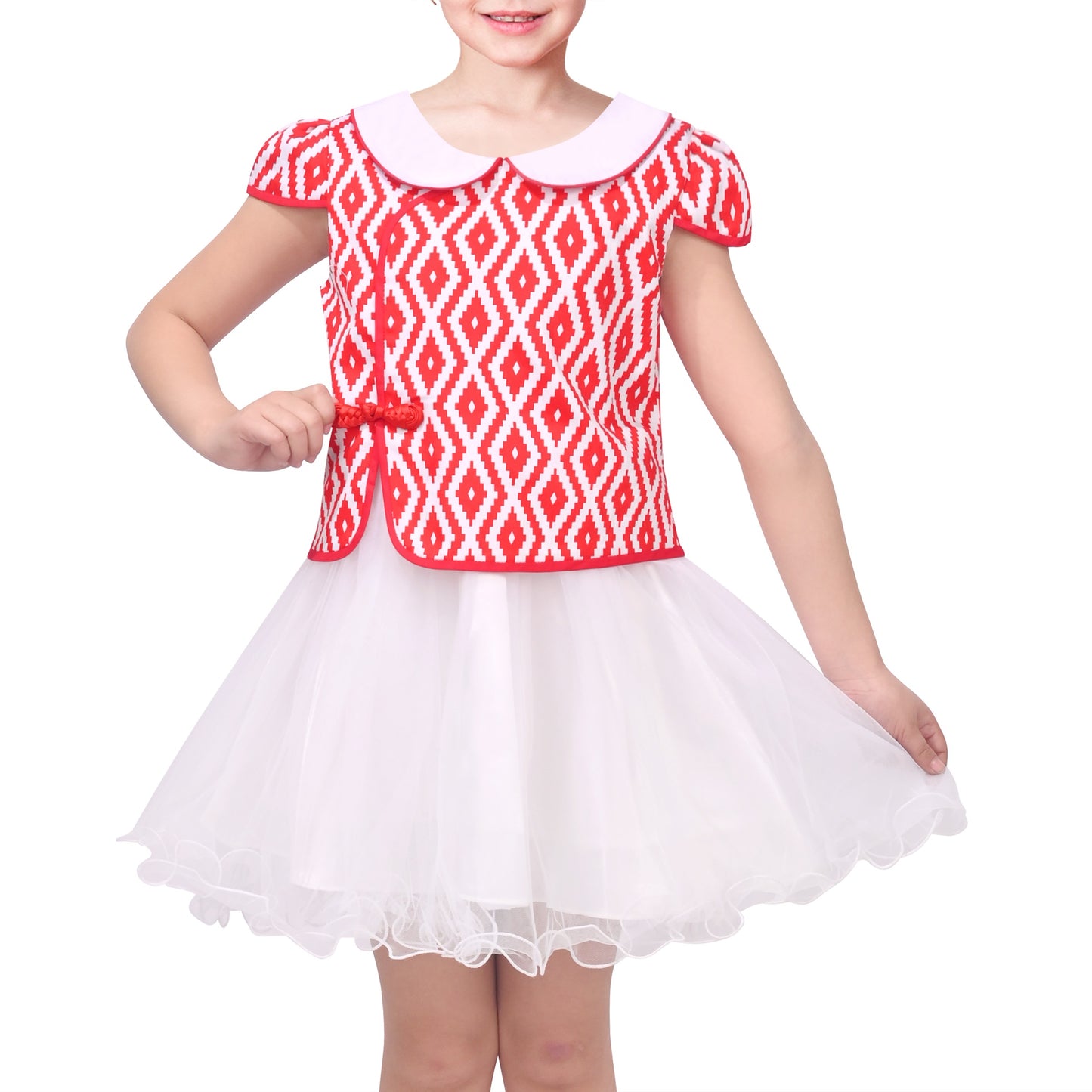 Girls Dress 2-in-1 Red Plaid White Collar Tulle Red Diamond