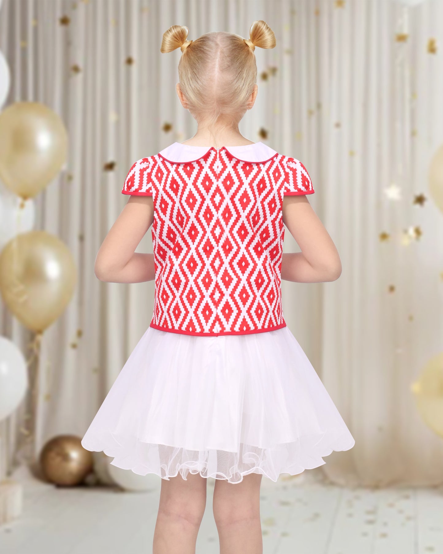 Girls Dress 2-in-1 Red Plaid White Collar Tulle Red Diamond