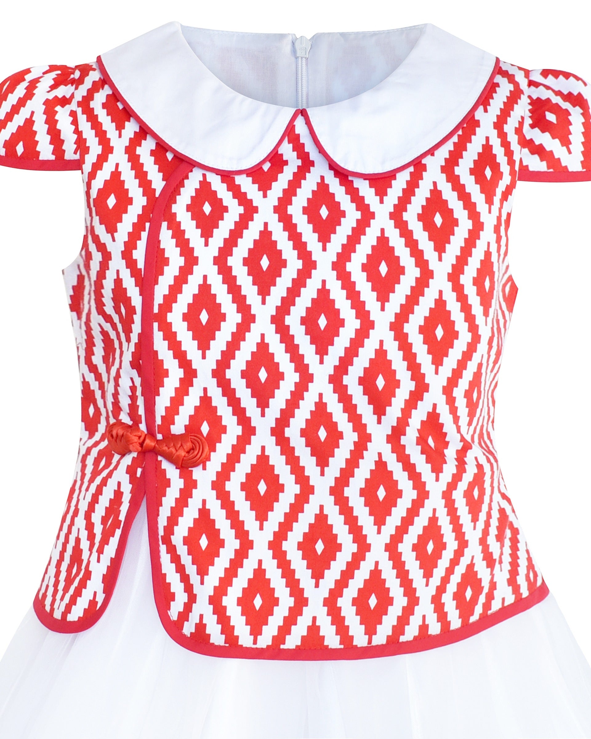 Girls Dress 2-in-1 Red Plaid White Collar Tulle Red Diamond