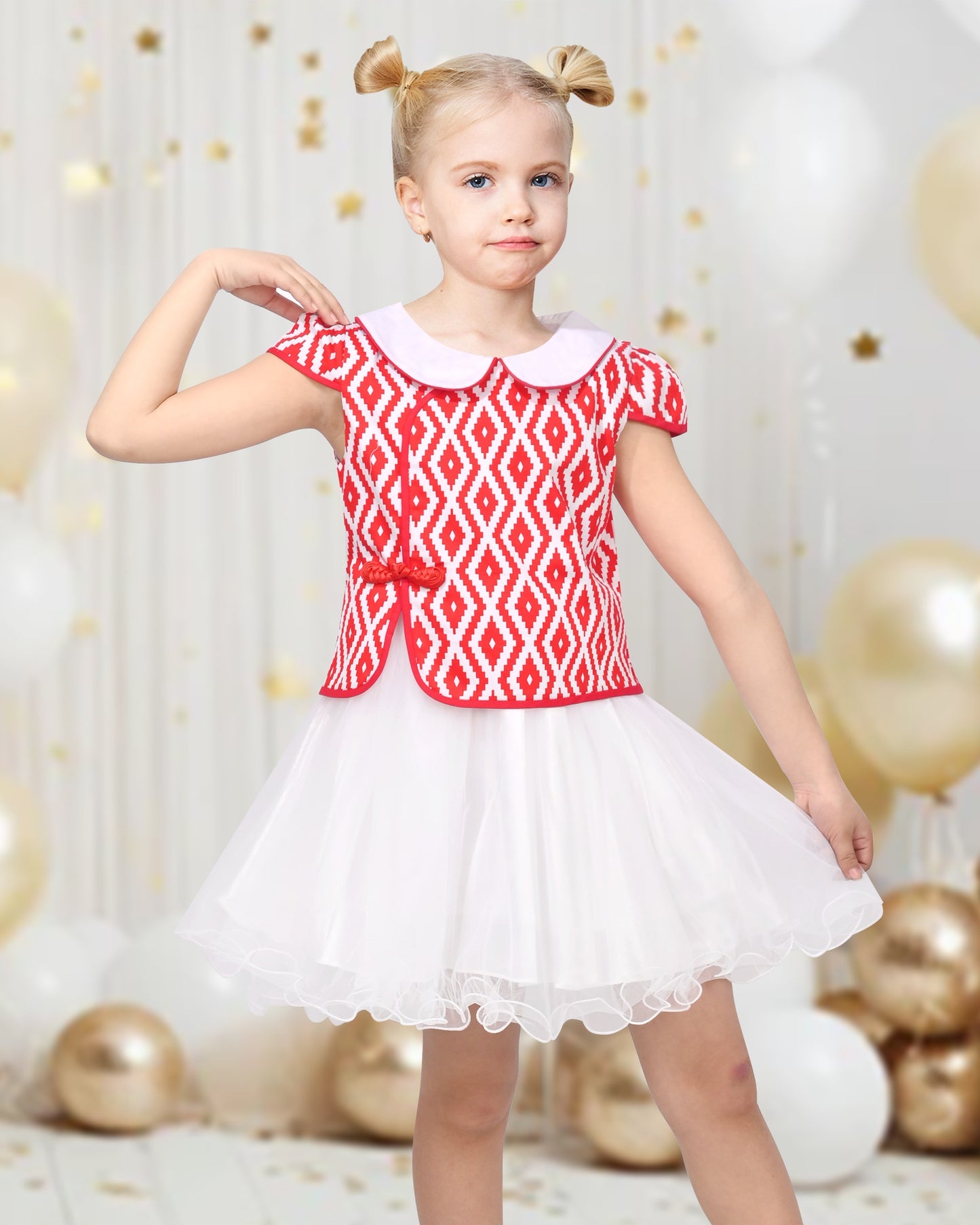 Girls Dress 2-in-1 Red Plaid White Collar Tulle Red Diamond