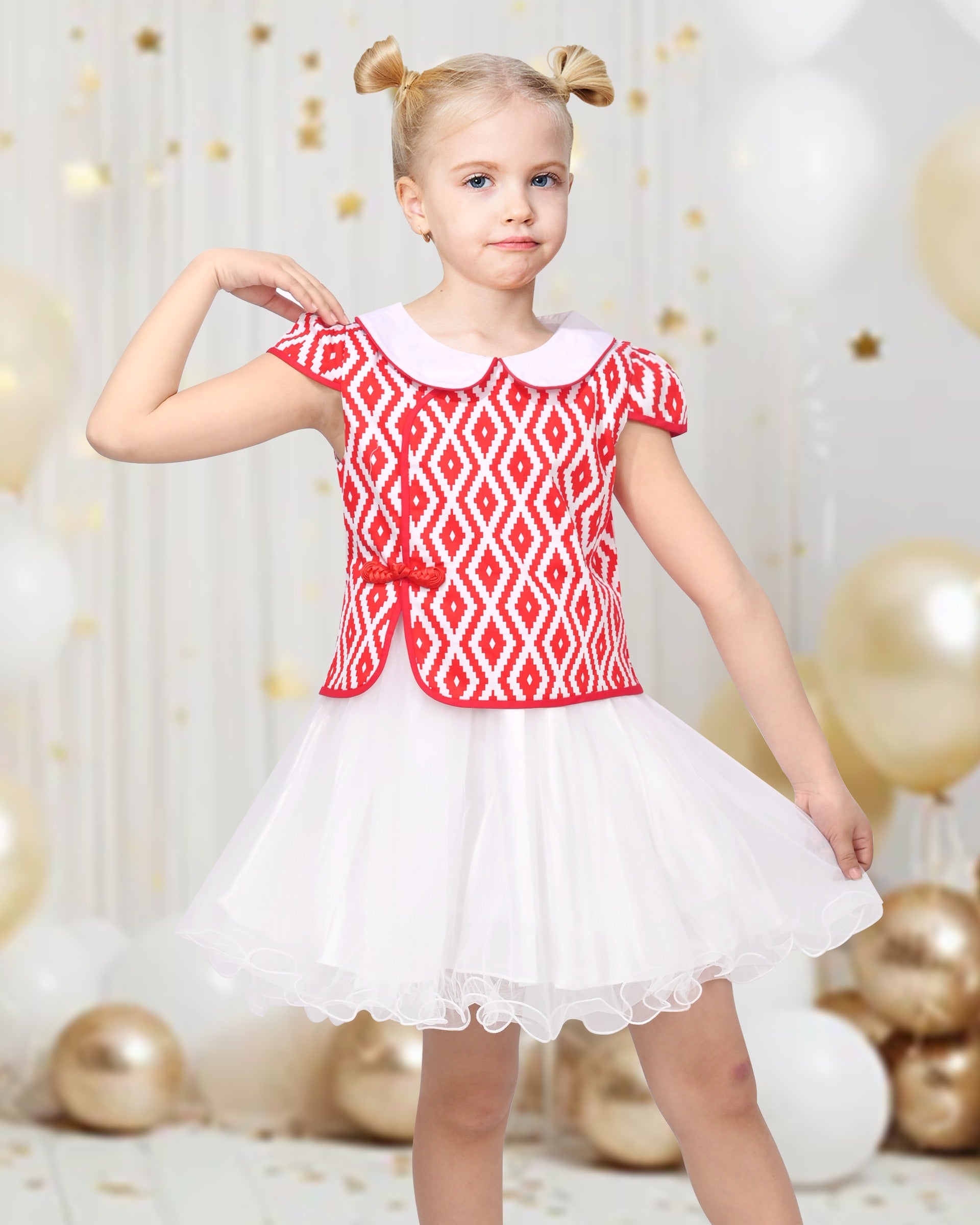 Girls Dress 2-in-1 Red Plaid White Collar Tulle Red Diamond
