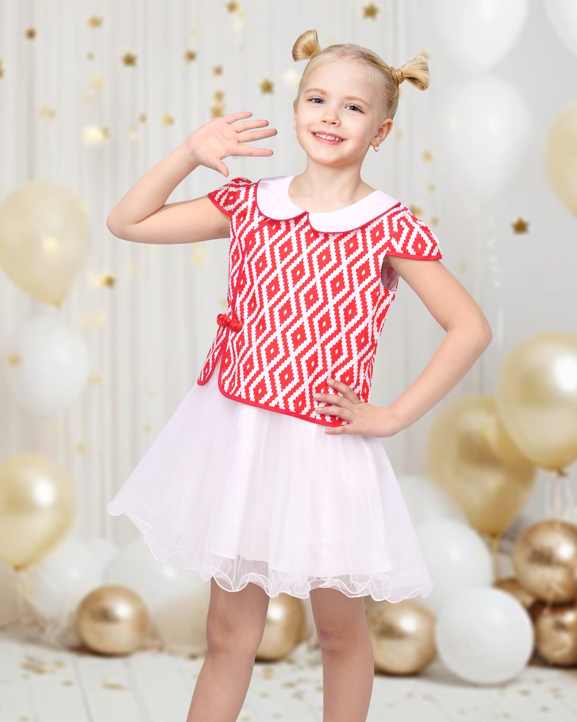 Girls Dress 2-in-1 Red Plaid White Collar Tulle Red Diamond