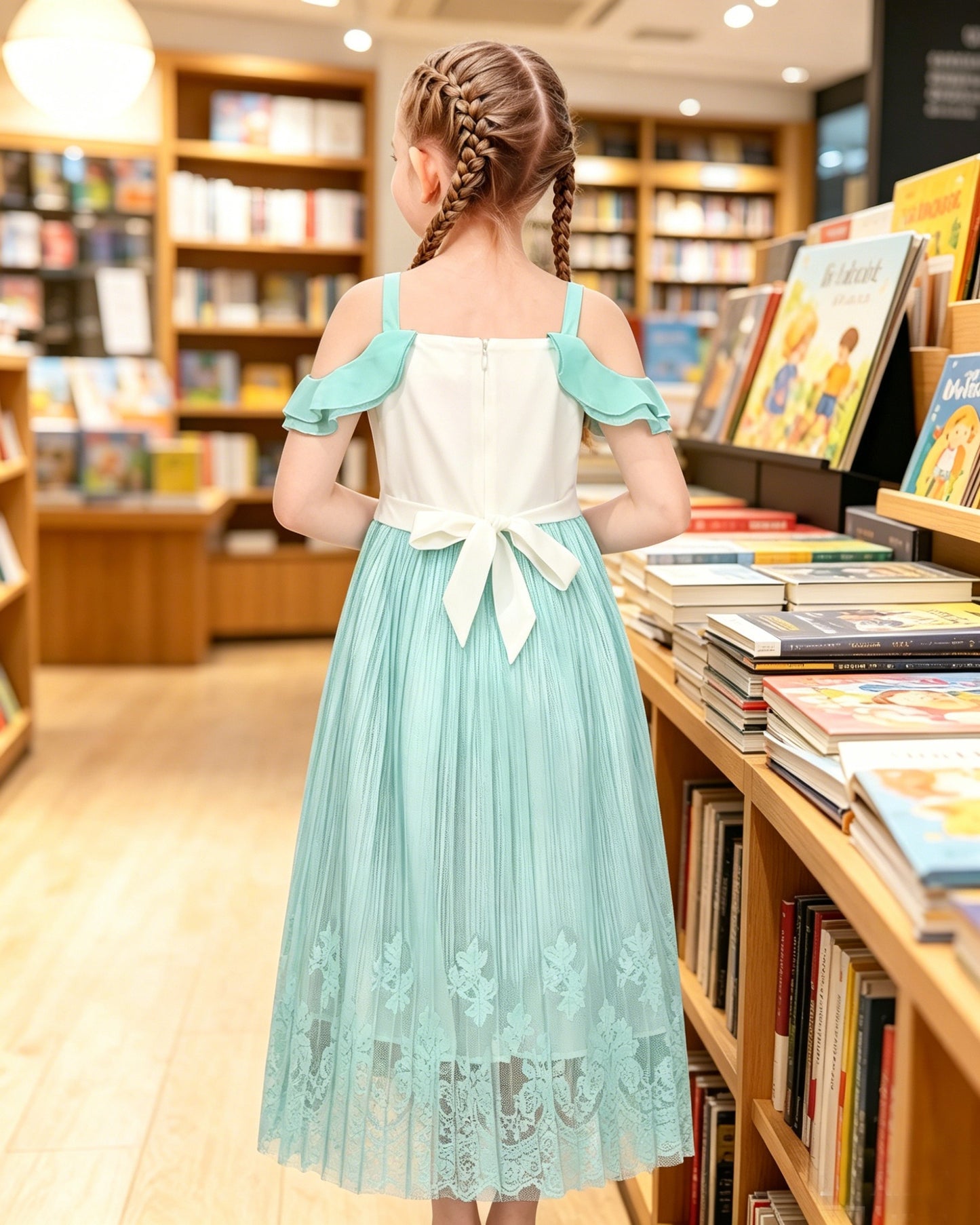 Girls Green Sleeveless Cold Shoulder Lace Casual Summer Dress Ankle Length Green Lace