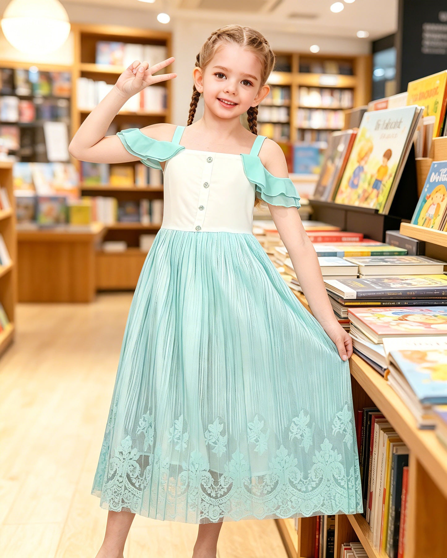 Girls Green Sleeveless Cold Shoulder Lace Casual Summer Dress Ankle Length Green Lace