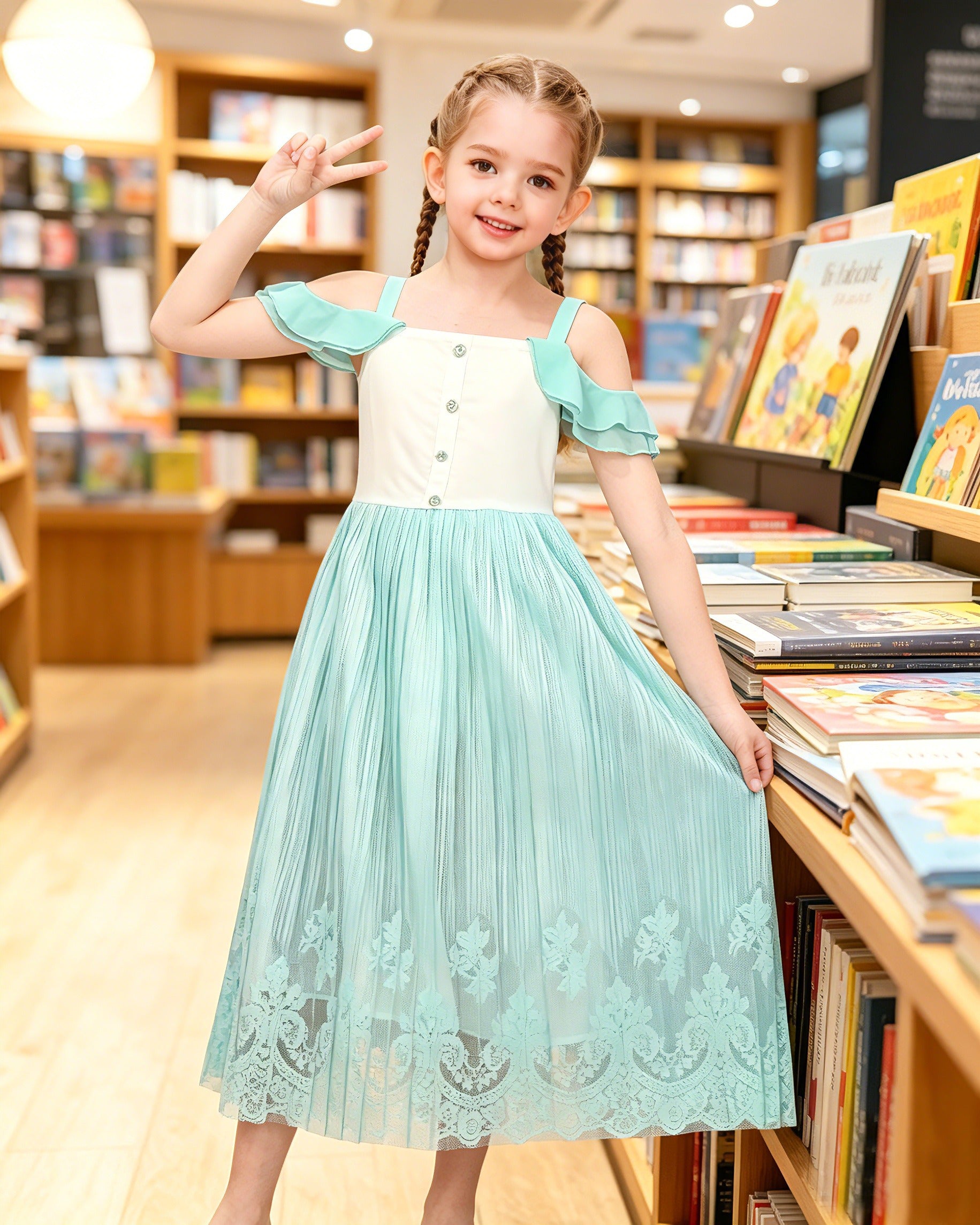 Girls Green Sleeveless Cold Shoulder Lace Casual Summer Dress Ankle Length Green Lace