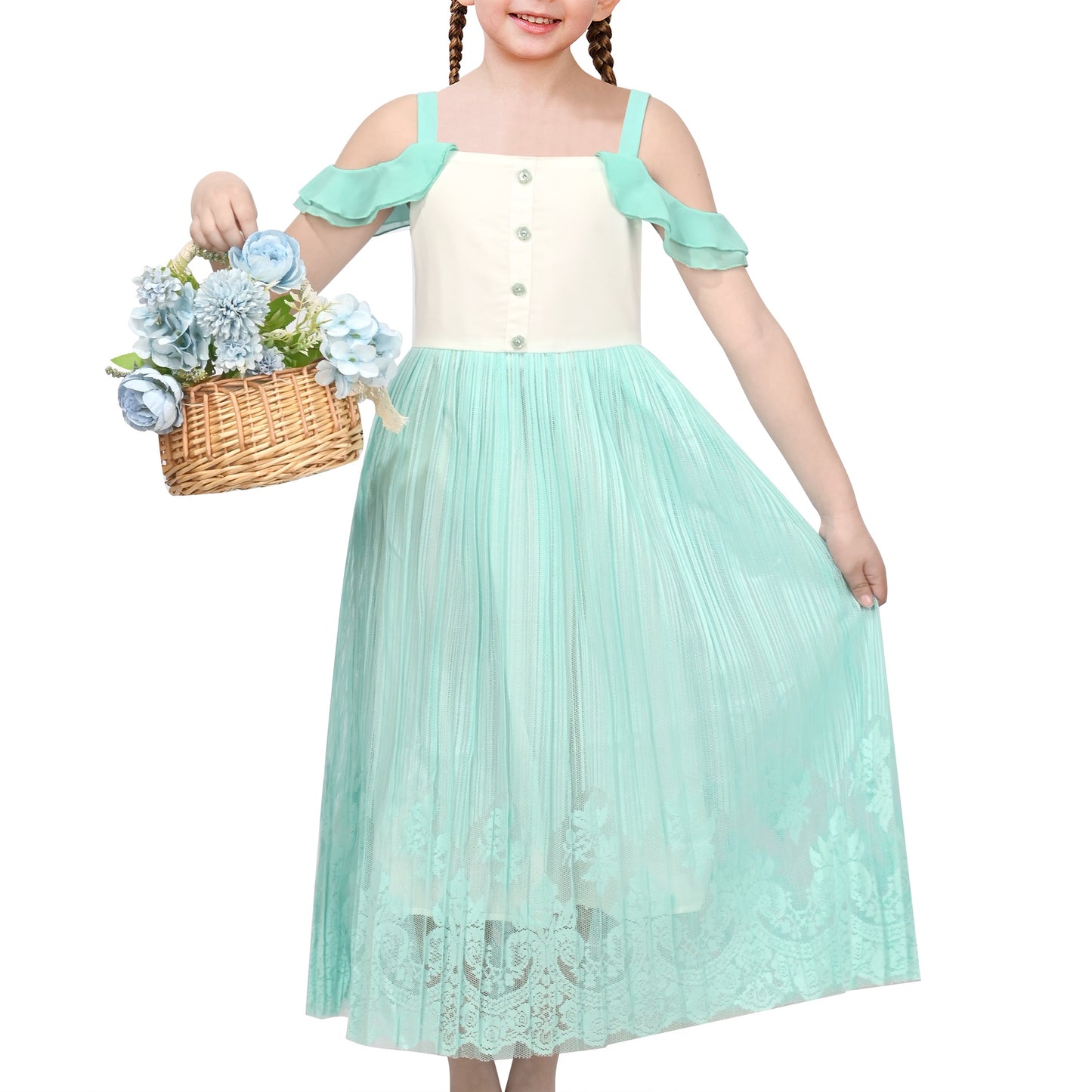 Girls Green Sleeveless Cold Shoulder Lace Casual Summer Dress Ankle Length Green Lace