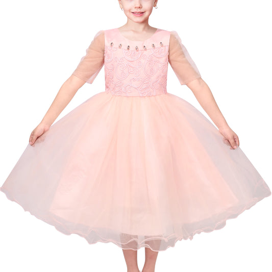 Girls Dress Purple Lace Tulle Princess V Neck Sequin Bell Sleeve Pageant Party Event Pink Diamond