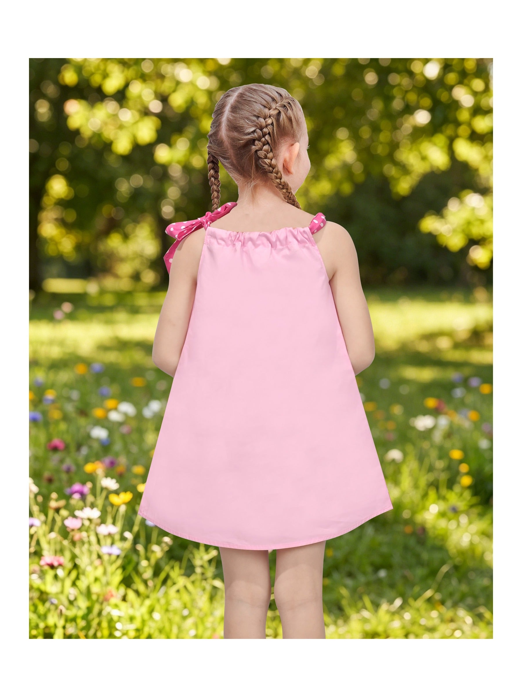 Girls Dress Blue Green Cartoon Green Polka Dot Bow Casual Summer Sundress Sleeveless Pink Polka Dot