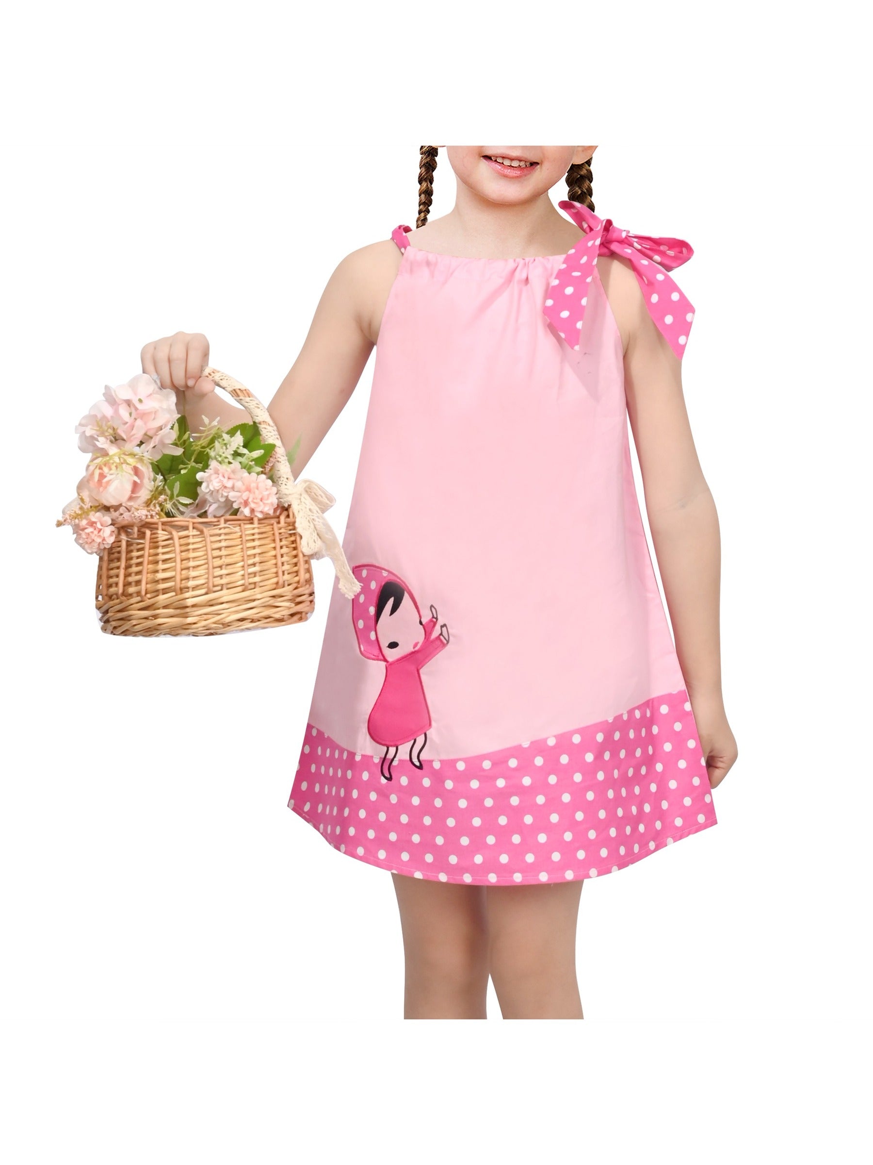 Girls Dress Blue Green Cartoon Green Polka Dot Bow Casual Summer Sundress Sleeveless Pink Polka Dot