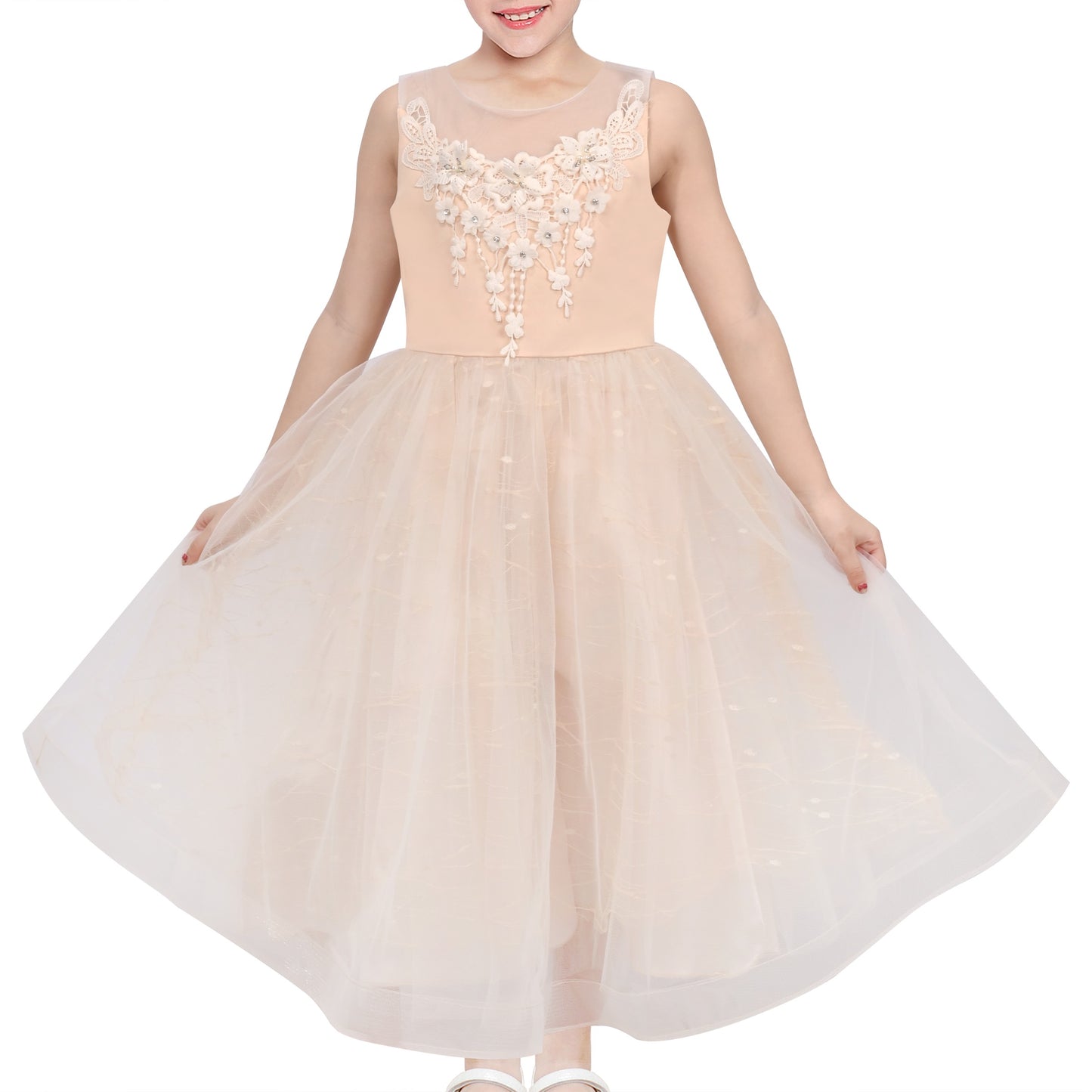 Girls Champagne Dress Sleeveless Floral Lace Calf Length Party Formal Dress Champagne