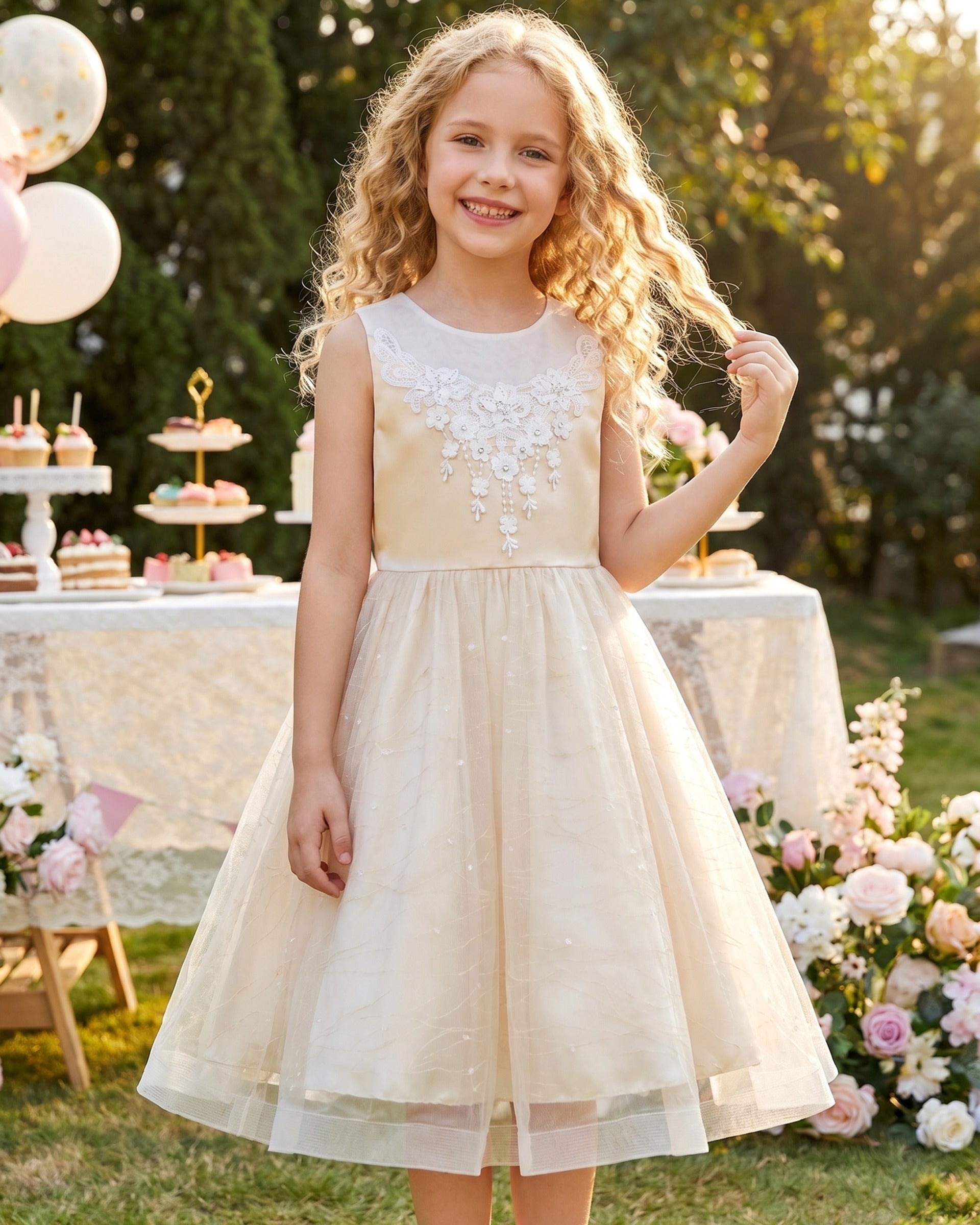 Girls Champagne Dress Sleeveless Floral Lace Calf Length Party Formal Dress Champagne