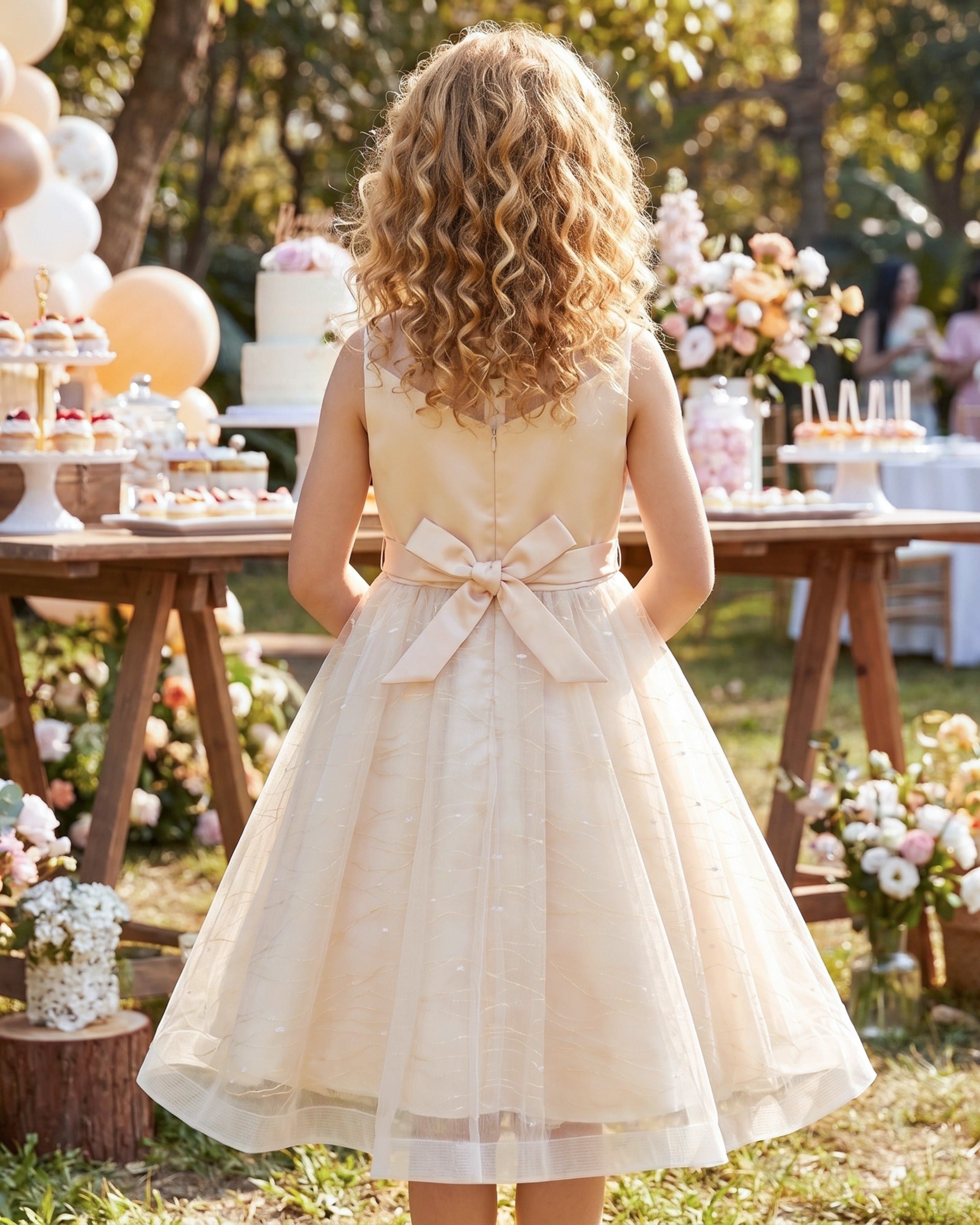Girls Champagne Dress Sleeveless Floral Lace Calf Length Party Formal Dress Champagne