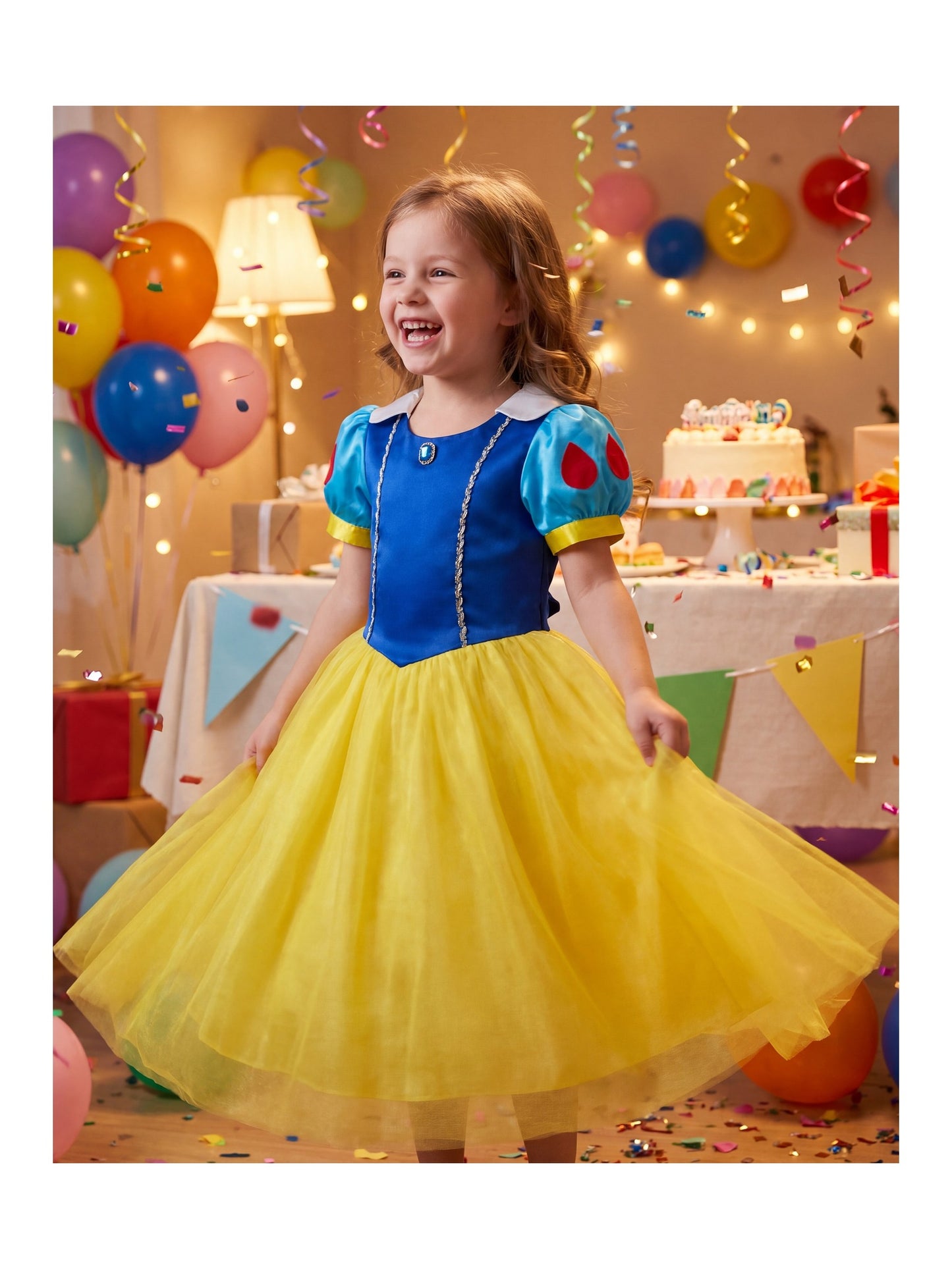 Girls Blue and Yellow Special Occasion Dress Short Puff Sleeve Ankle Length Blue Yellow Princess