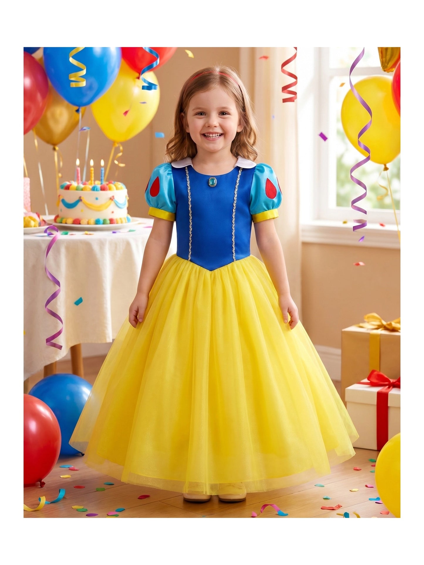 Girls Blue and Yellow Special Occasion Dress Short Puff Sleeve Ankle Length Blue Yellow Princess