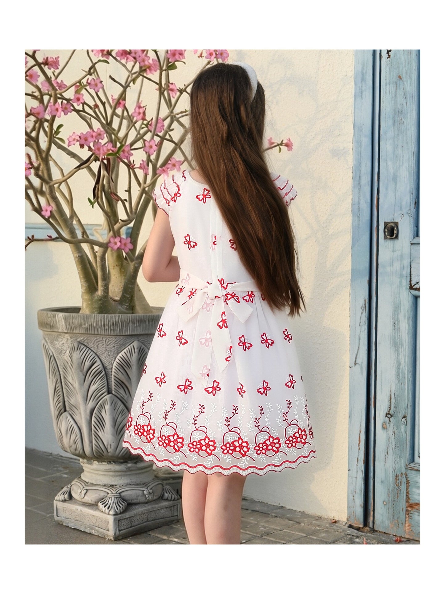 Girls White Dress Pink Floral Butterfly Embroidery Flutter Sleeves Scalloped Hem Girl Wedding Party Dress Red Butterfly