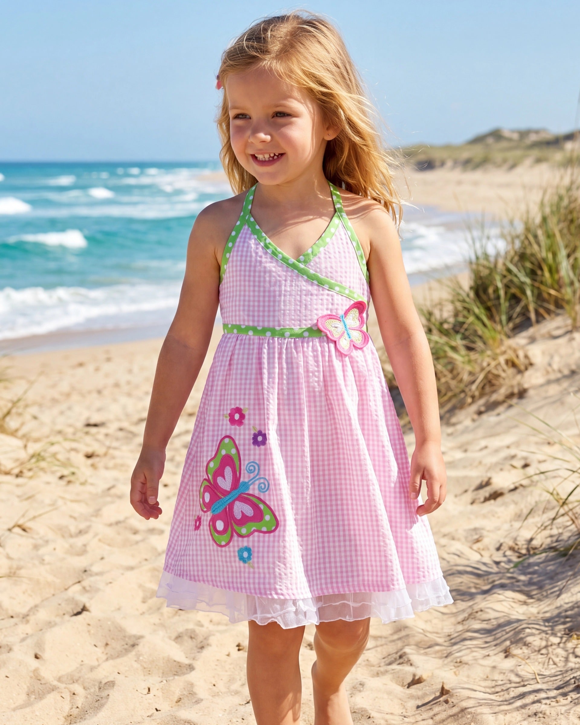 Toddler Girls Dress Yellow Gingham Halter Butterfly Summer Beach Casual Dresses Pink Butterfly