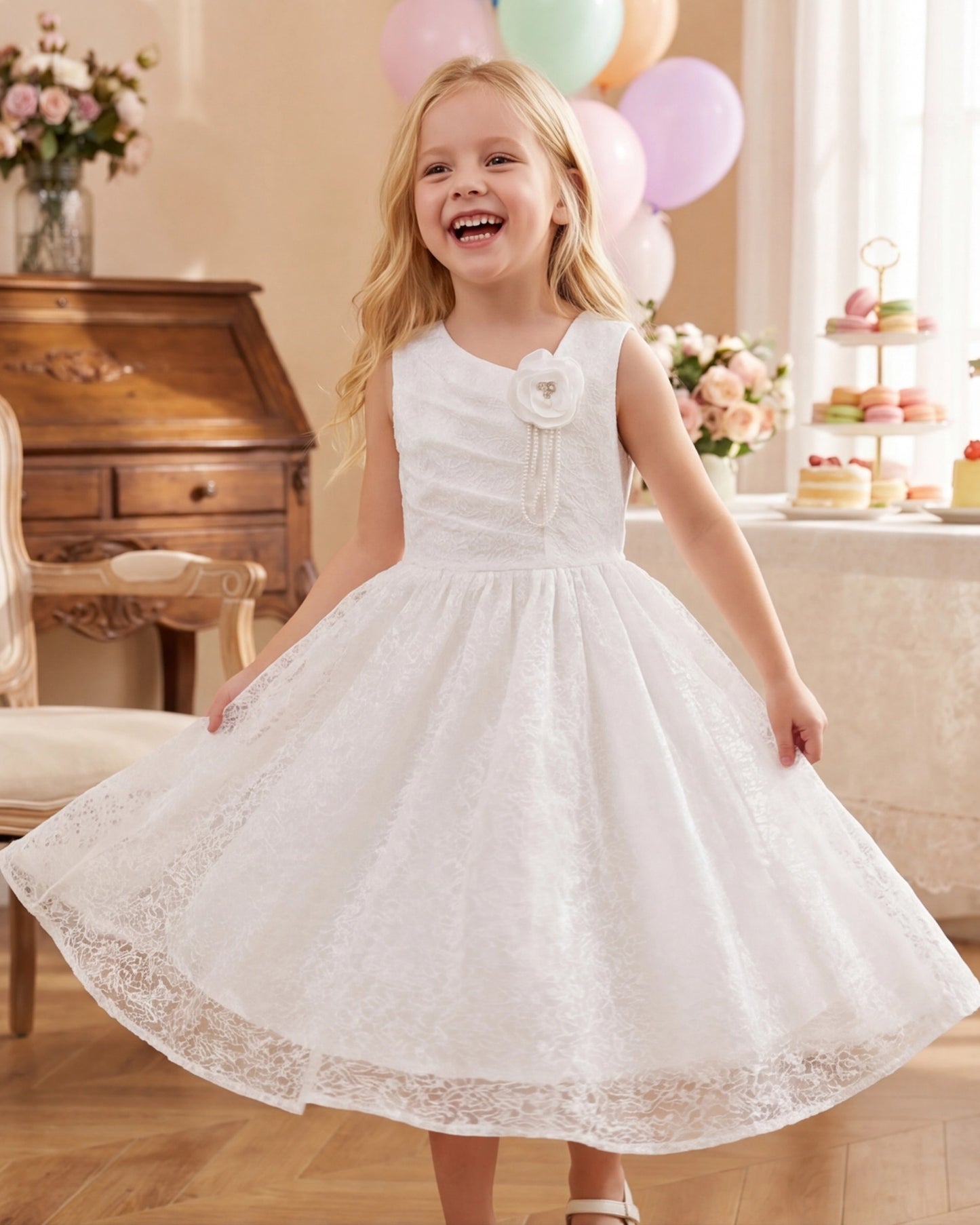 Girls Dress Black White Geometric Lace Sleeveless Casual Back to School Daily White Floral Lace