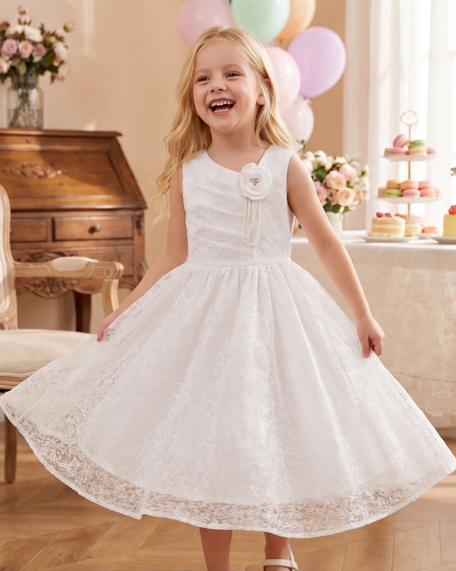 Girls Dress Black White Geometric Lace Sleeveless Casual Back to School Daily White Floral Lace