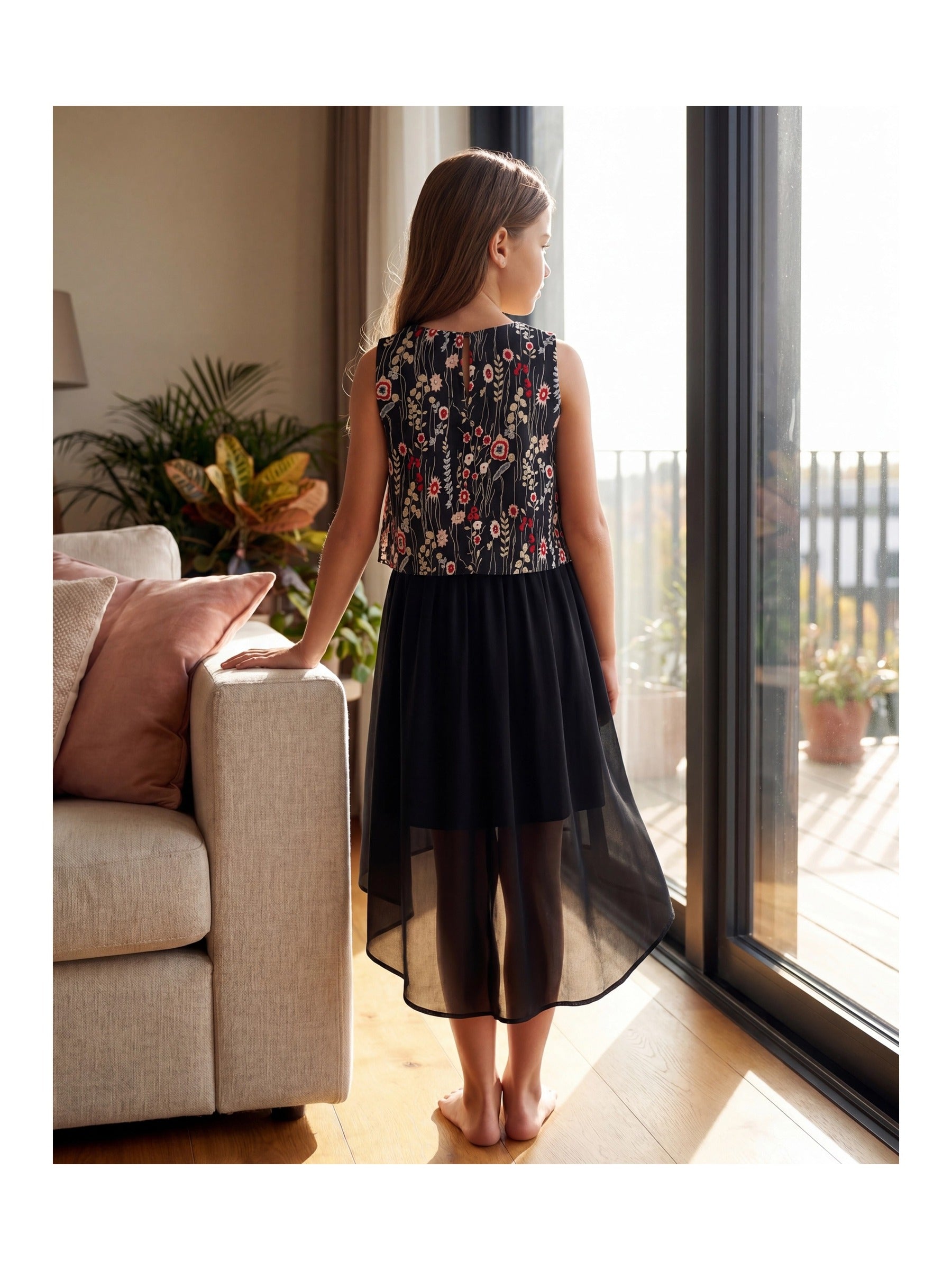 Girls Sleeveless Chiffon Dress Colorful Pencil Print with Yellow Tassel Belt Summer Casual Dresses Black Faux Layered