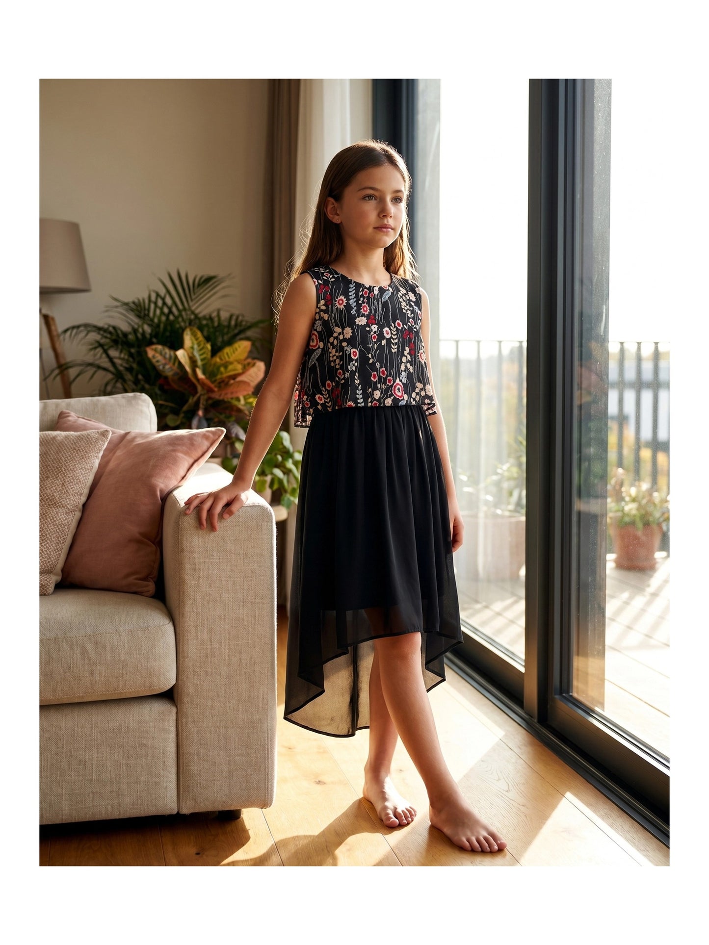 Girls Sleeveless Chiffon Dress Colorful Pencil Print with Yellow Tassel Belt Summer Casual Dresses Black Faux Layered