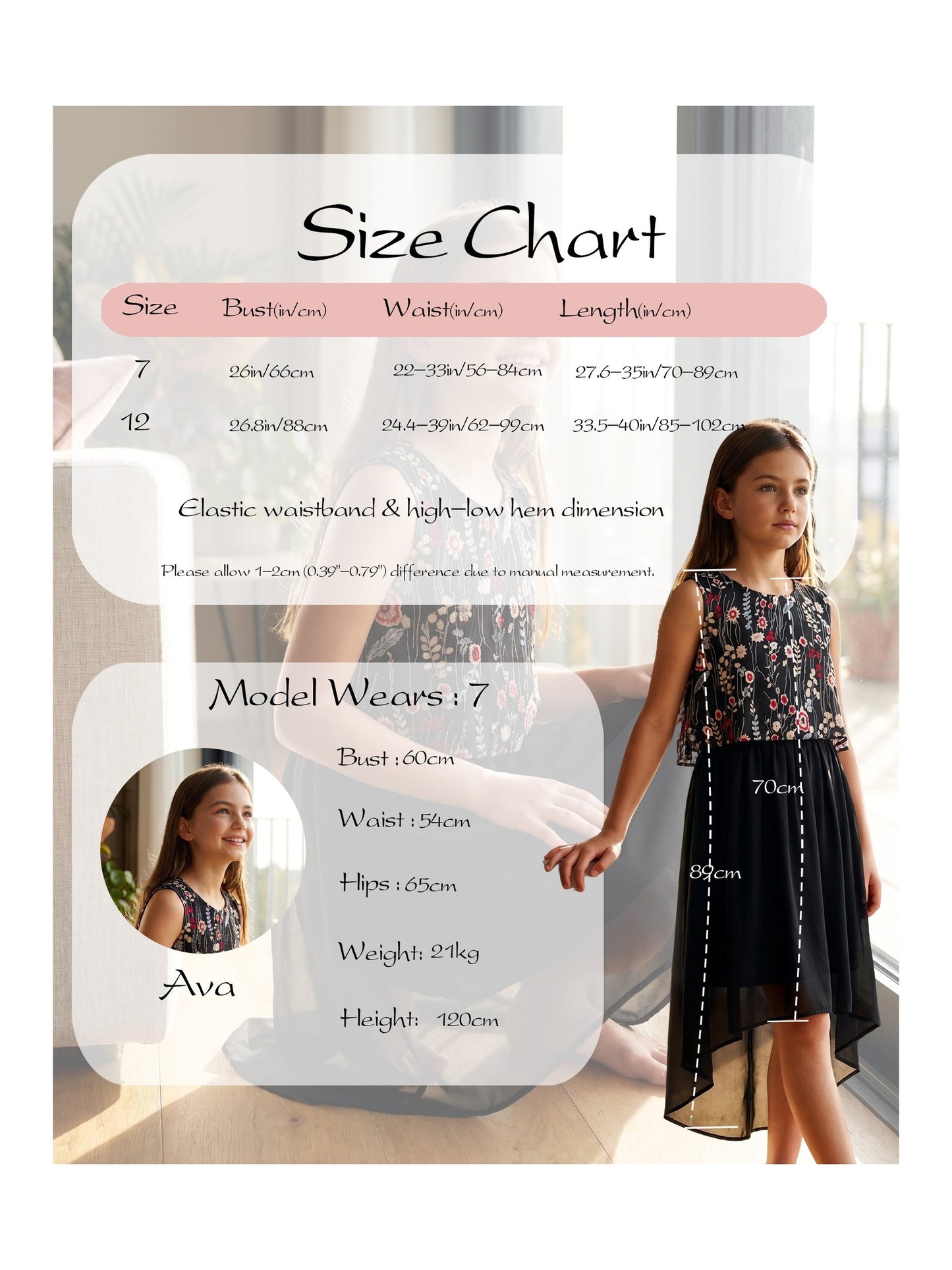 Girls Sleeveless Chiffon Dress Colorful Pencil Print with Yellow Tassel Belt Summer Casual Dresses Black Faux Layered