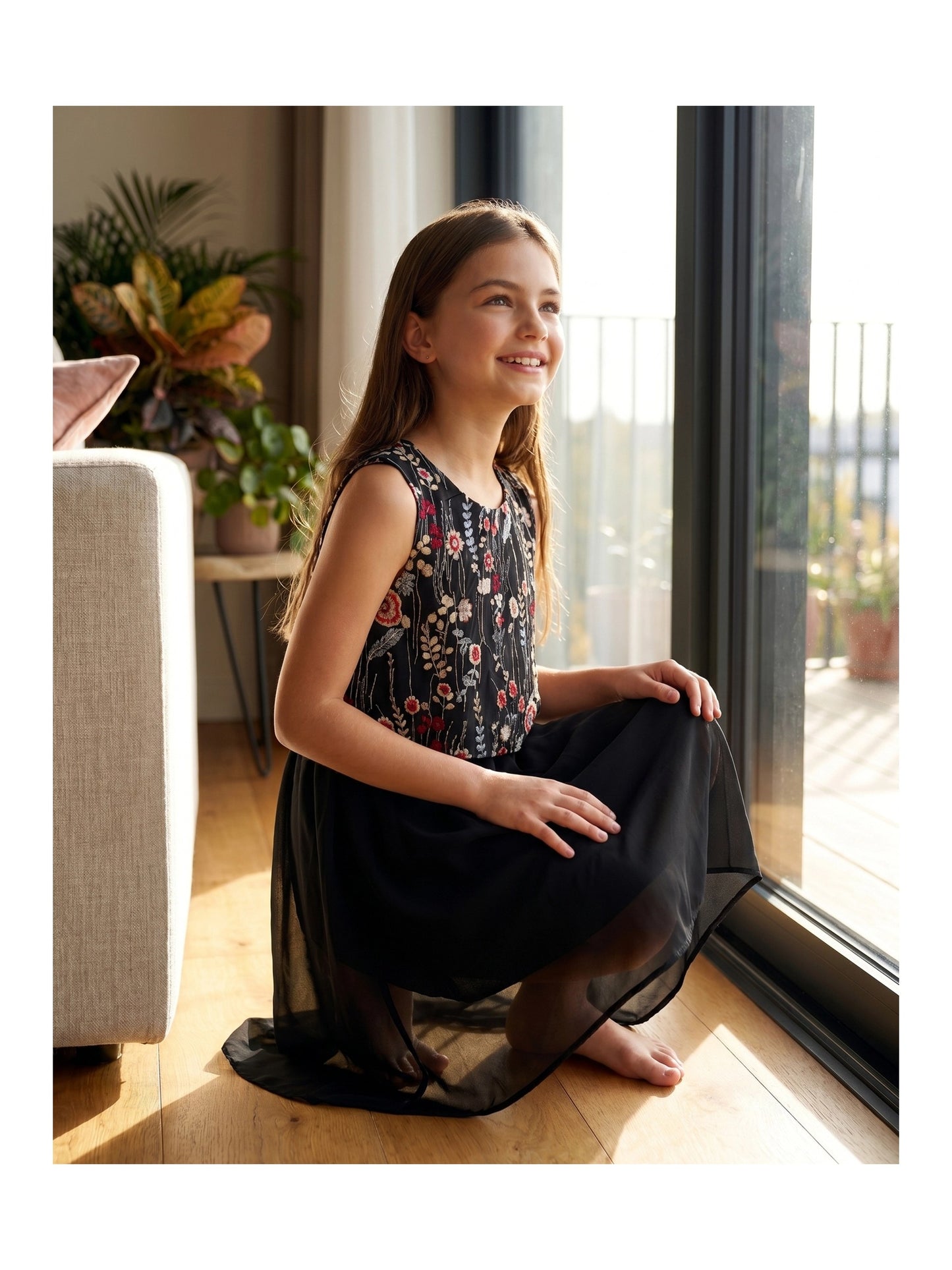 Girls Sleeveless Chiffon Dress Colorful Pencil Print with Yellow Tassel Belt Summer Casual Dresses Black Faux Layered