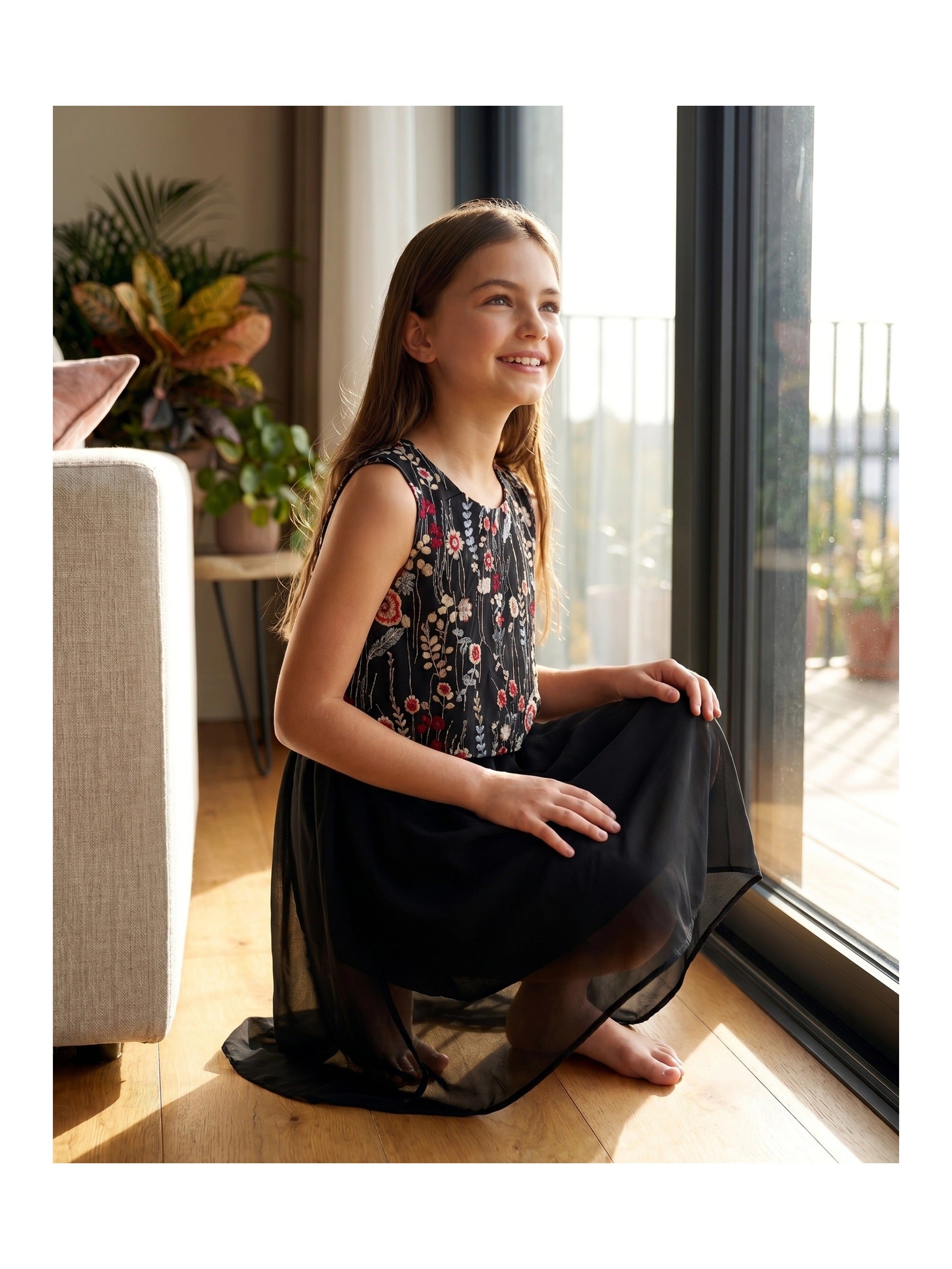 Girls Sleeveless Chiffon Dress Colorful Pencil Print with Yellow Tassel Belt Summer Casual Dresses Black Faux Layered