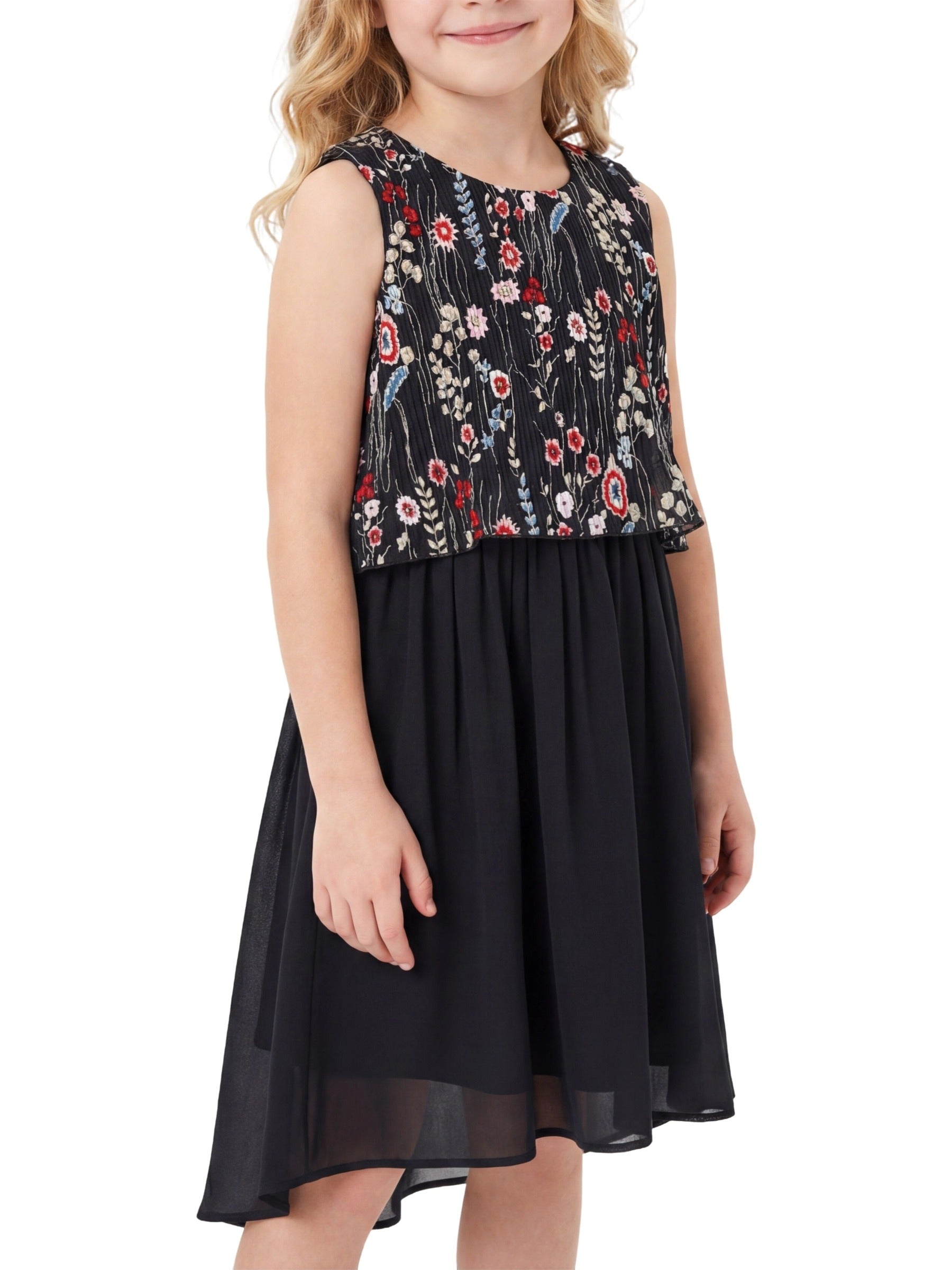 Girls Sleeveless Chiffon Dress Colorful Pencil Print with Yellow Tassel Belt Summer Casual Dresses Black Faux Layered