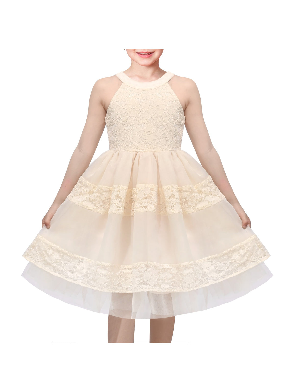 Girls Dress White Lace Halter Sleeveless Special Occasion Formal Party Summer Dresses Beige Lace