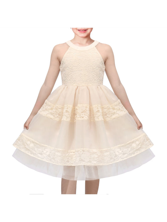 Girls Dress White Lace Halter Sleeveless Special Occasion Formal Party Summer Dresses Beige Lace