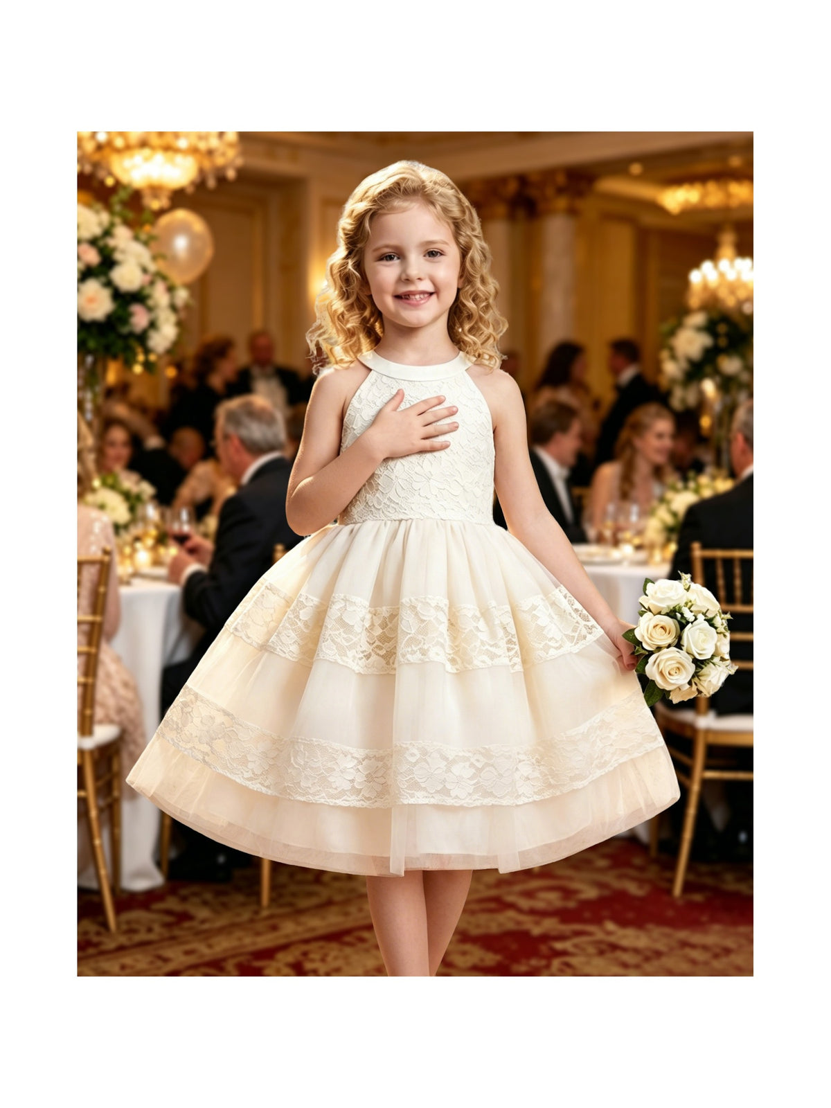 Girls Dress White Lace Halter Sleeveless Special Occasion Formal Party Summer Dresses Beige Lace