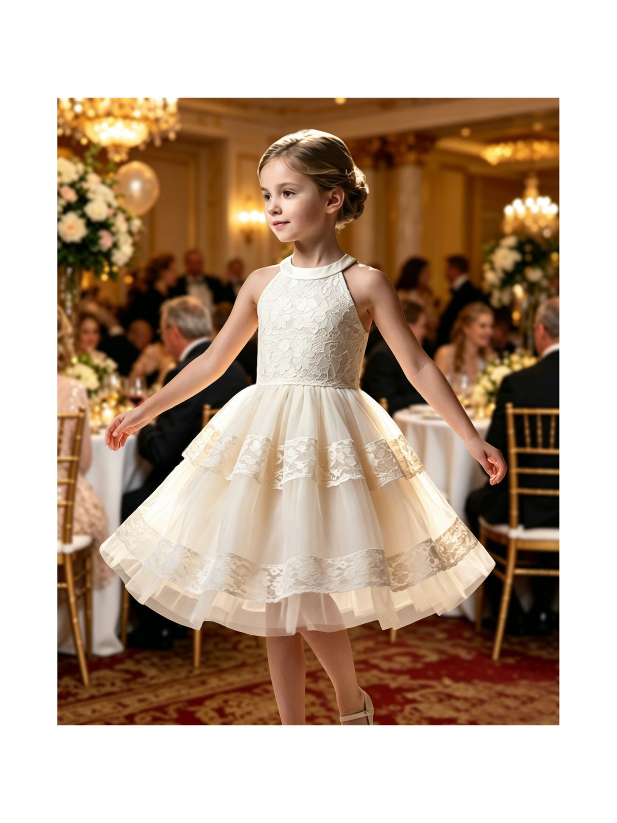 Girls Dress White Lace Halter Sleeveless Special Occasion Formal Party Summer Dresses Beige Lace